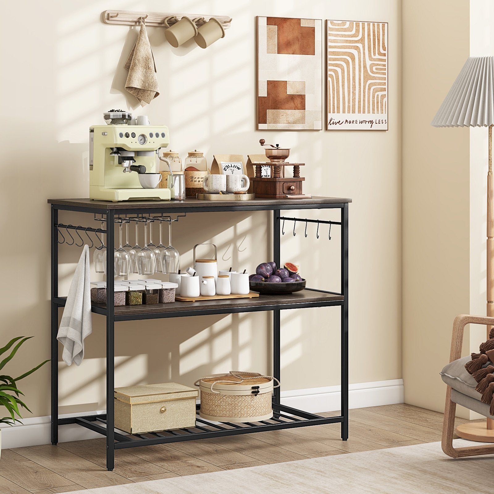 Kitchen Island with 3 Shelves Wine Glass Holders and 10 Hooks-Gray