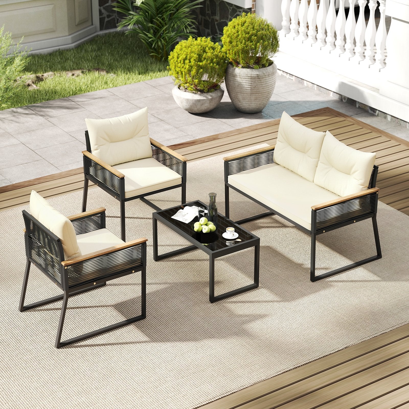 4 Pieces Patio Furniture Set Outdoor Conversation Set with Tempered Glass Coffee Table-Black