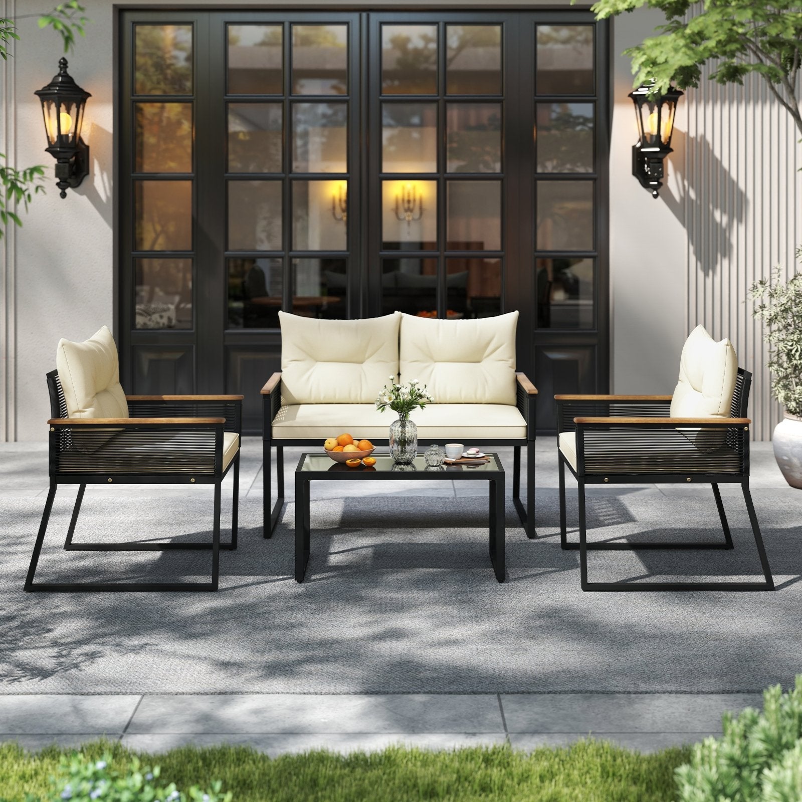 4 Pieces Patio Furniture Set Outdoor Conversation Set with Tempered Glass Coffee Table-Black