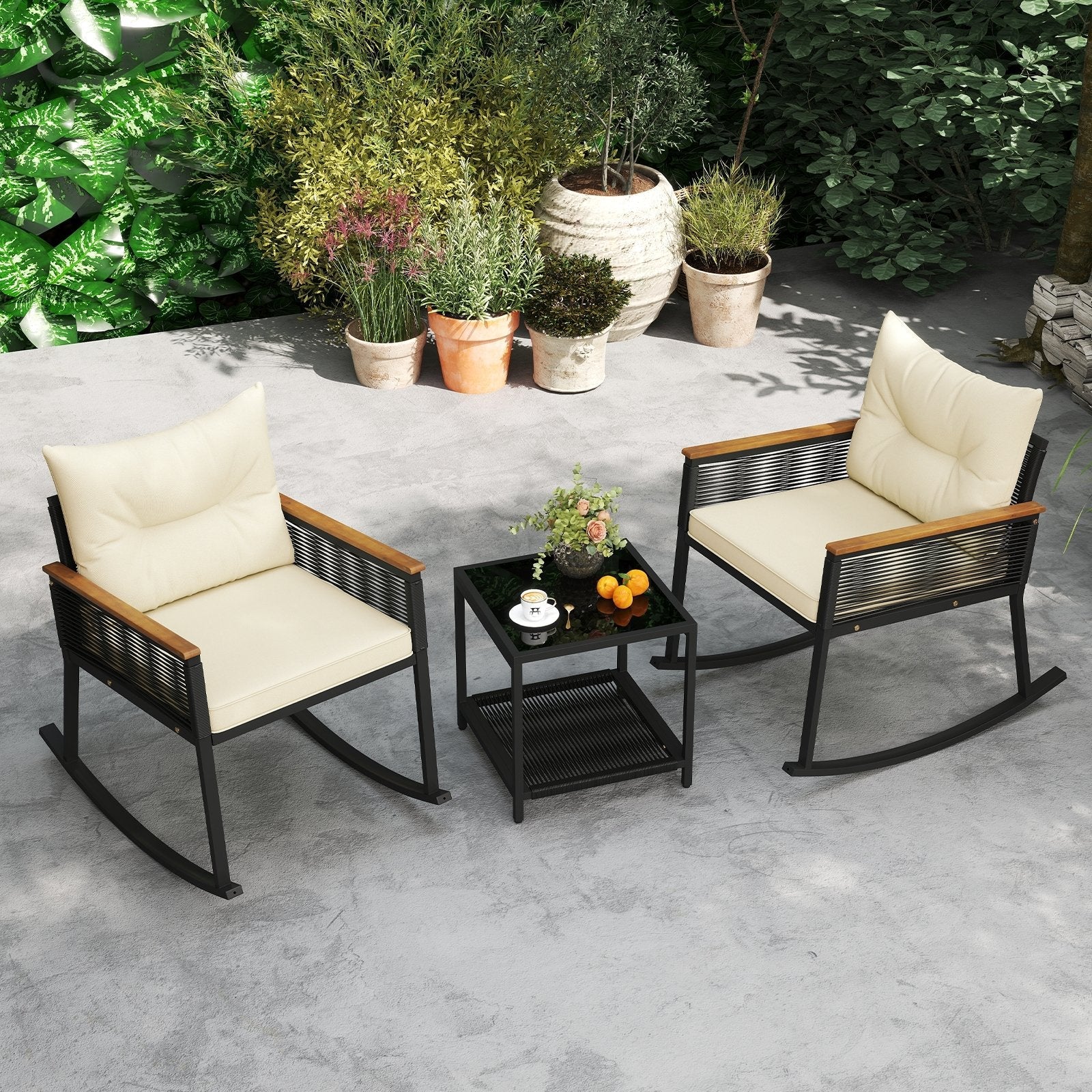 3 Piece Outdoor PE Rattan Rocking Bistro Set with 2-Tier Coffee Table-Black