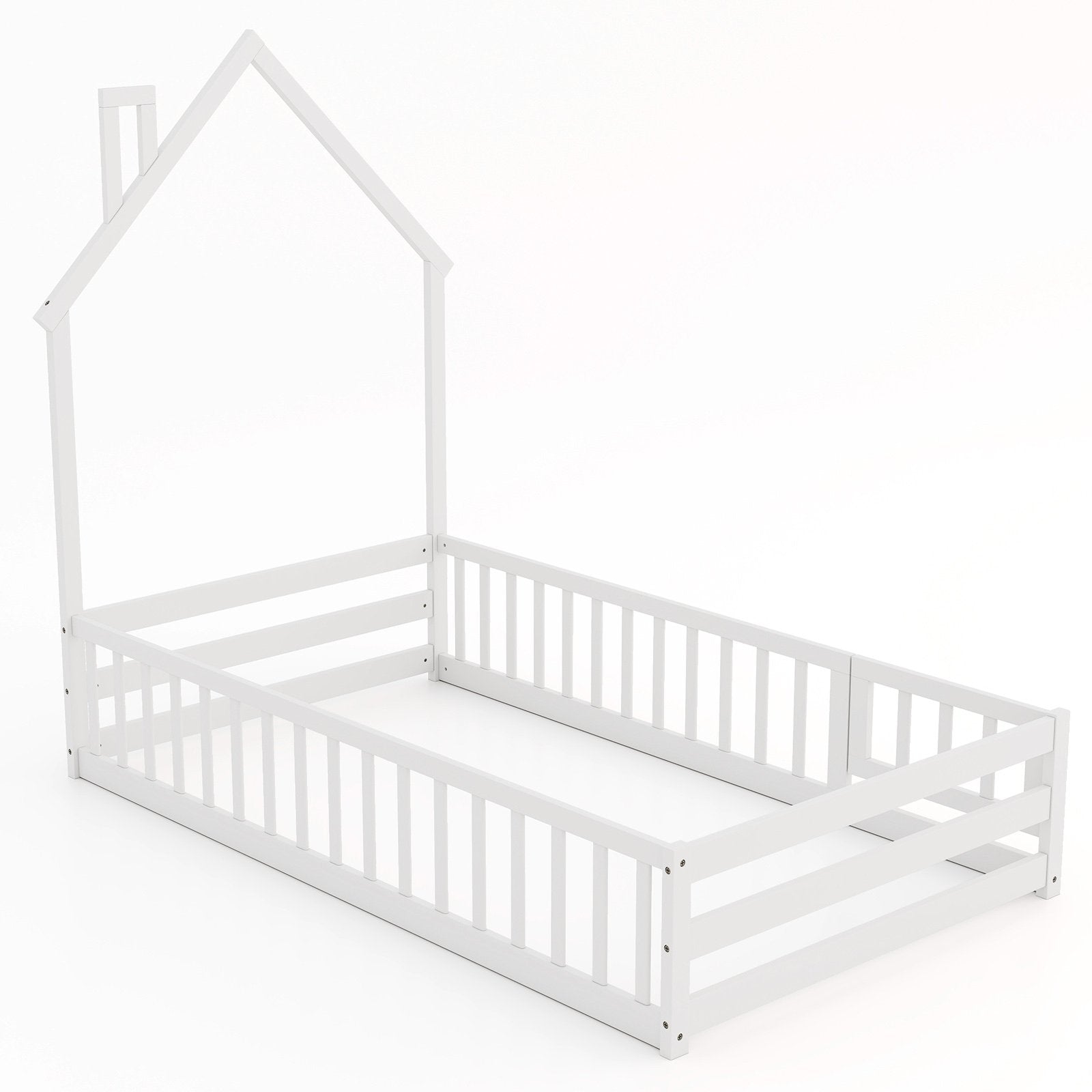 Twin Size Montessori Floor Bed with Lockable Door and Full-Length Guardrail-Gray
