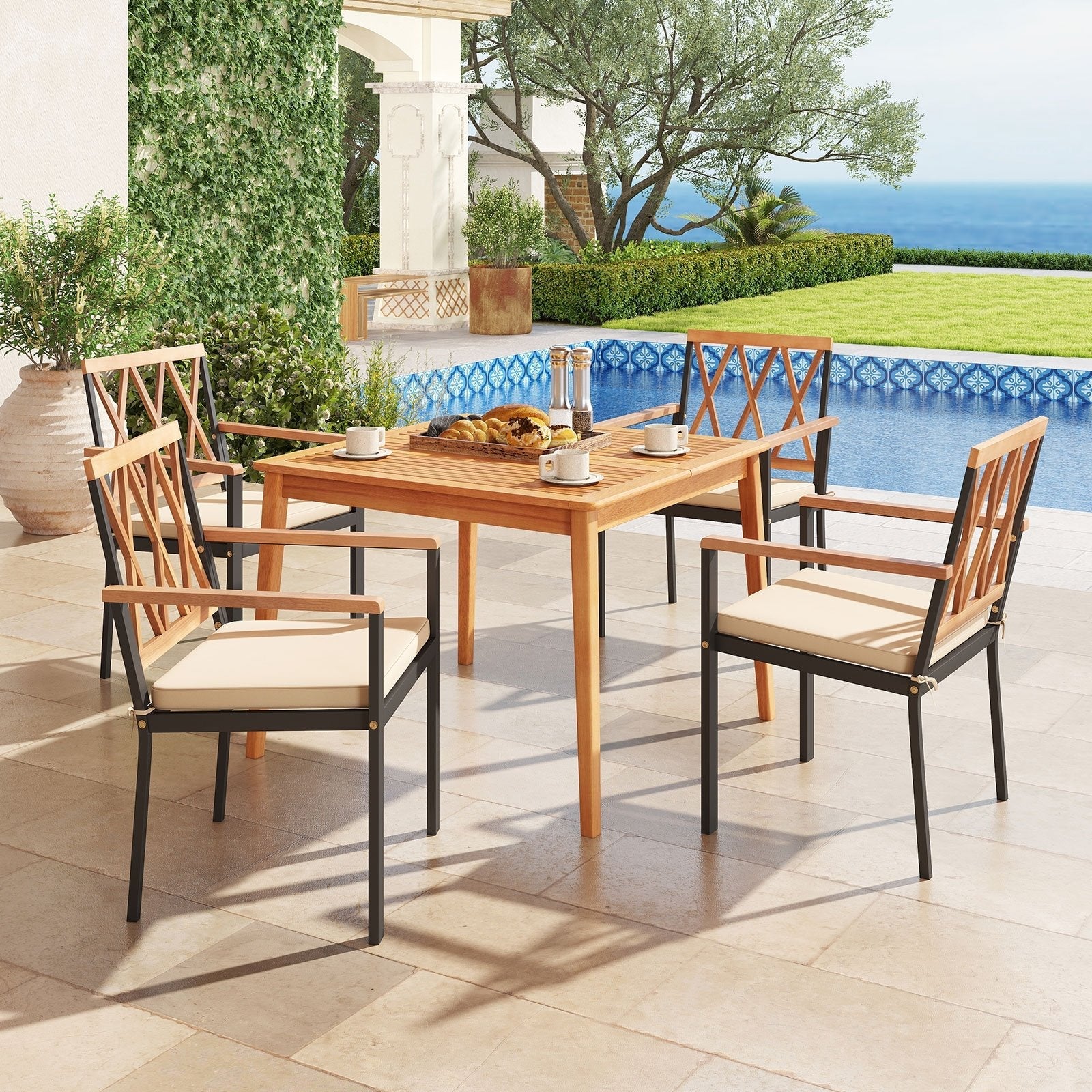 5 Piece Patio Acacia Wood Dining Set Solid Wooden Dining Furniture with Umbrella Hole