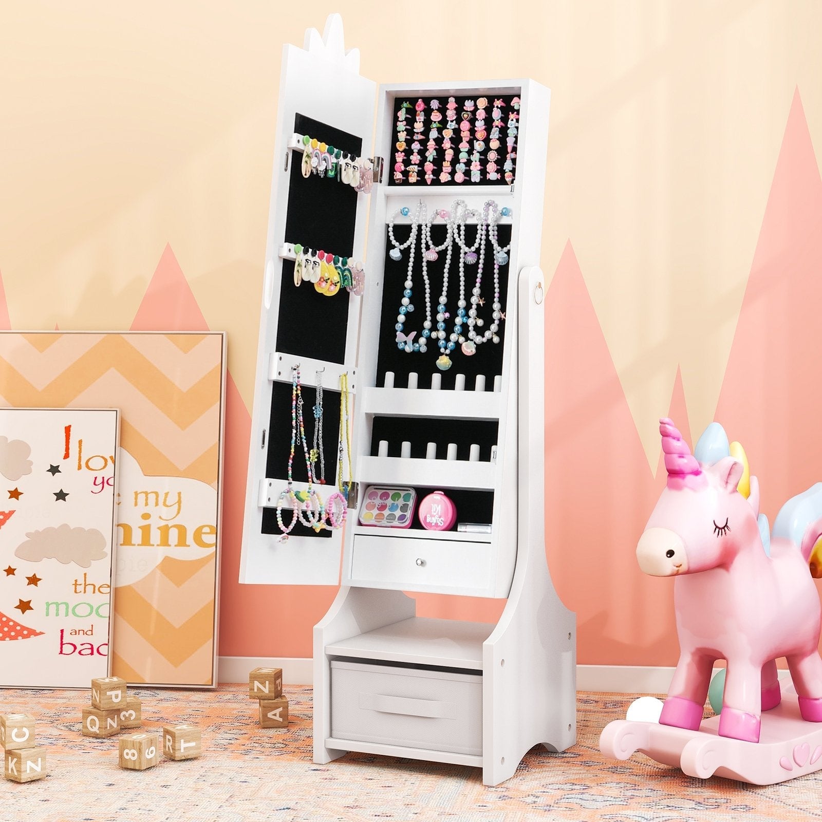 Kids Jewelry Cabinet with Full-Length Mirror for Kids Bedroom and Playroom-Pink