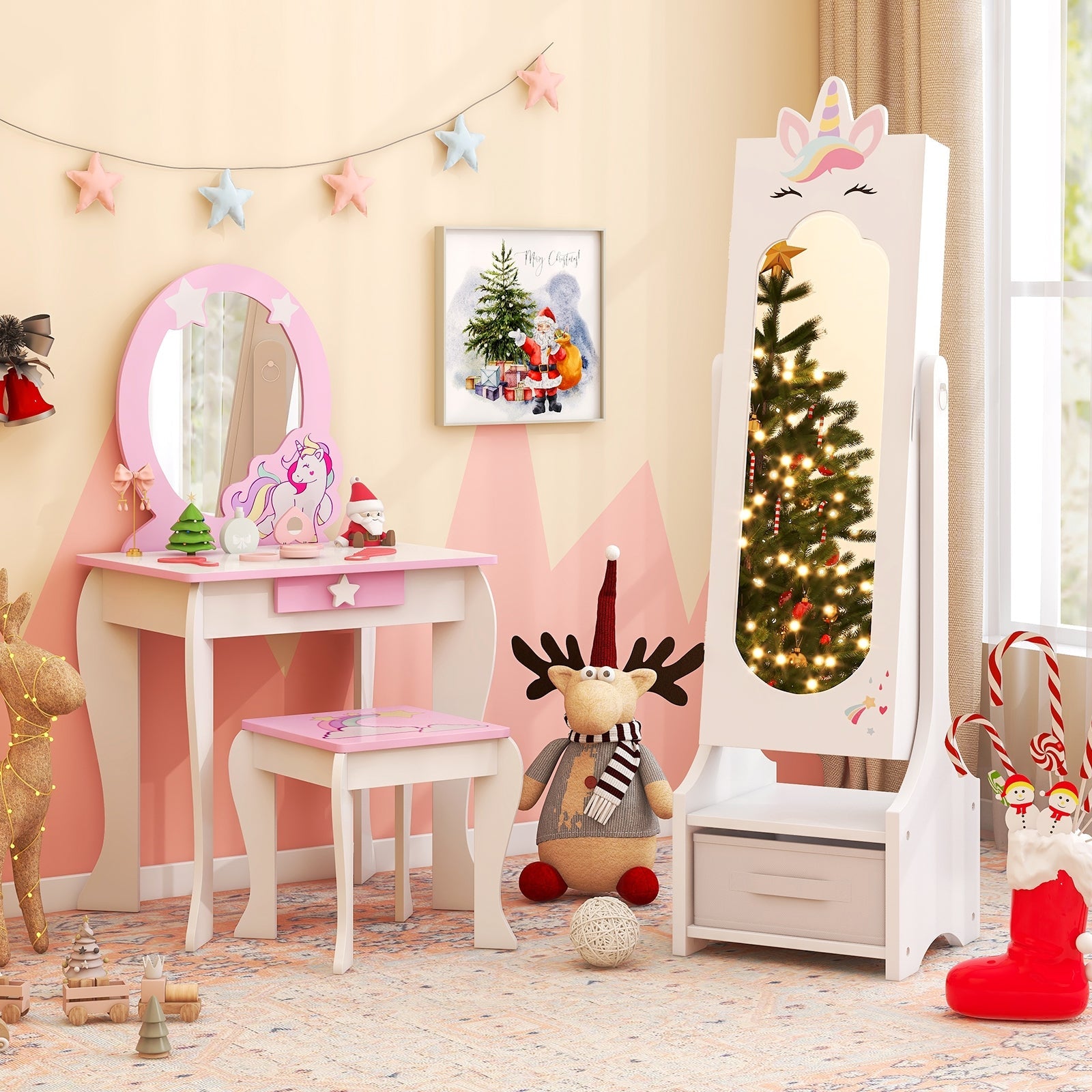 Kids Jewelry Cabinet with Full-Length Mirror for Kids Bedroom and Playroom-Pink