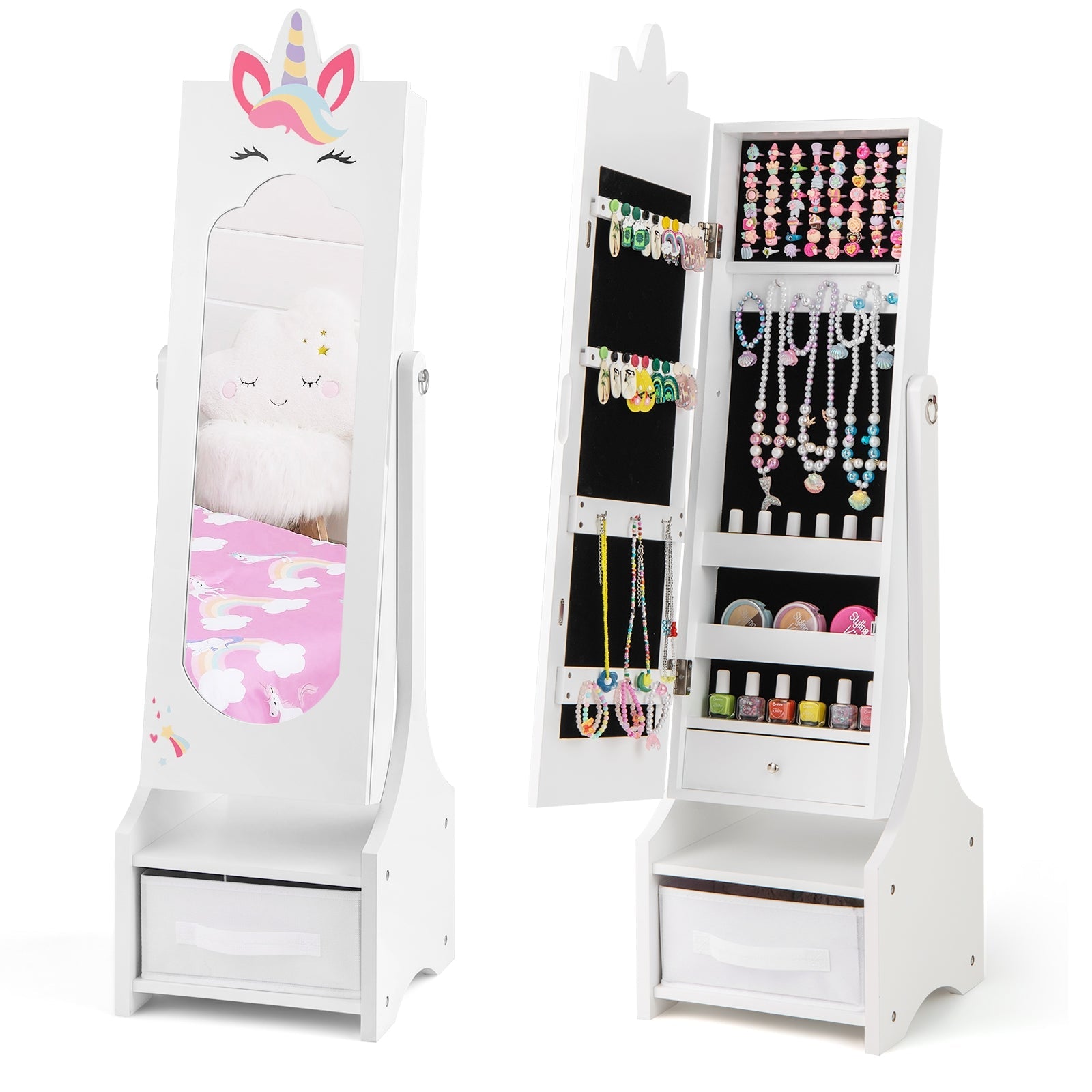 Kids Jewelry Cabinet with Full-Length Mirror for Kids Bedroom and Playroom-Pink