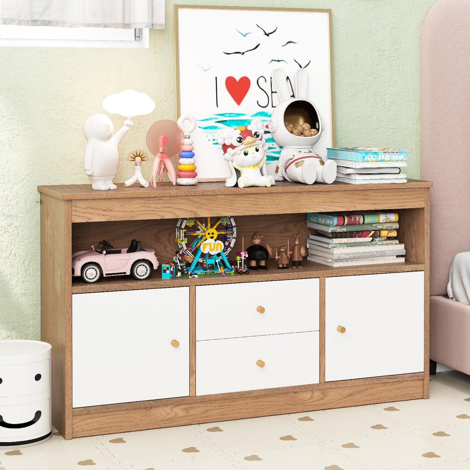 Kids Toy Storage Organizer with Open Shelf and 2 Drawers for Playroom-Natural
