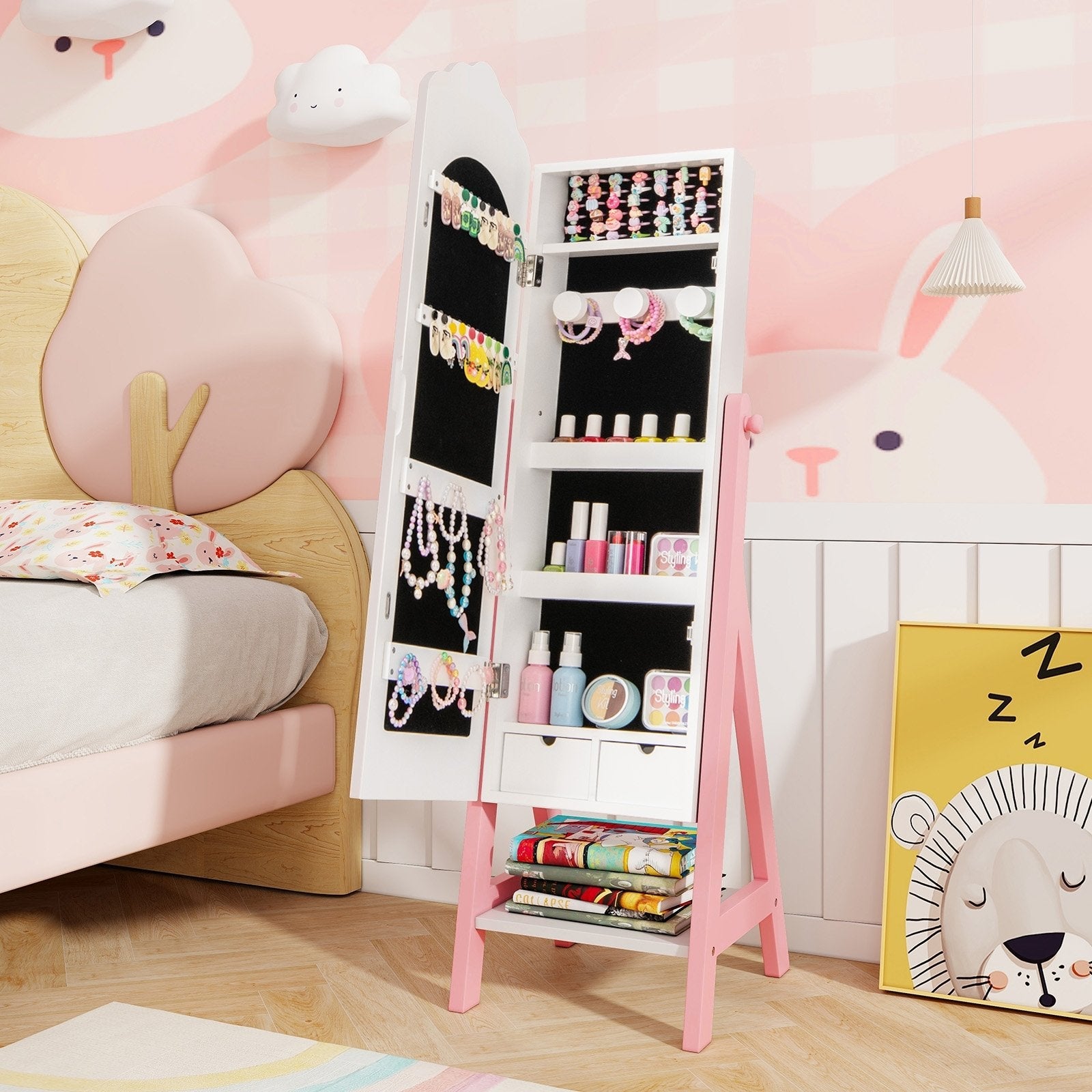 Kids Jewelry Organizer with Full Length Mirror Drawers and Storage Shelves-Pink