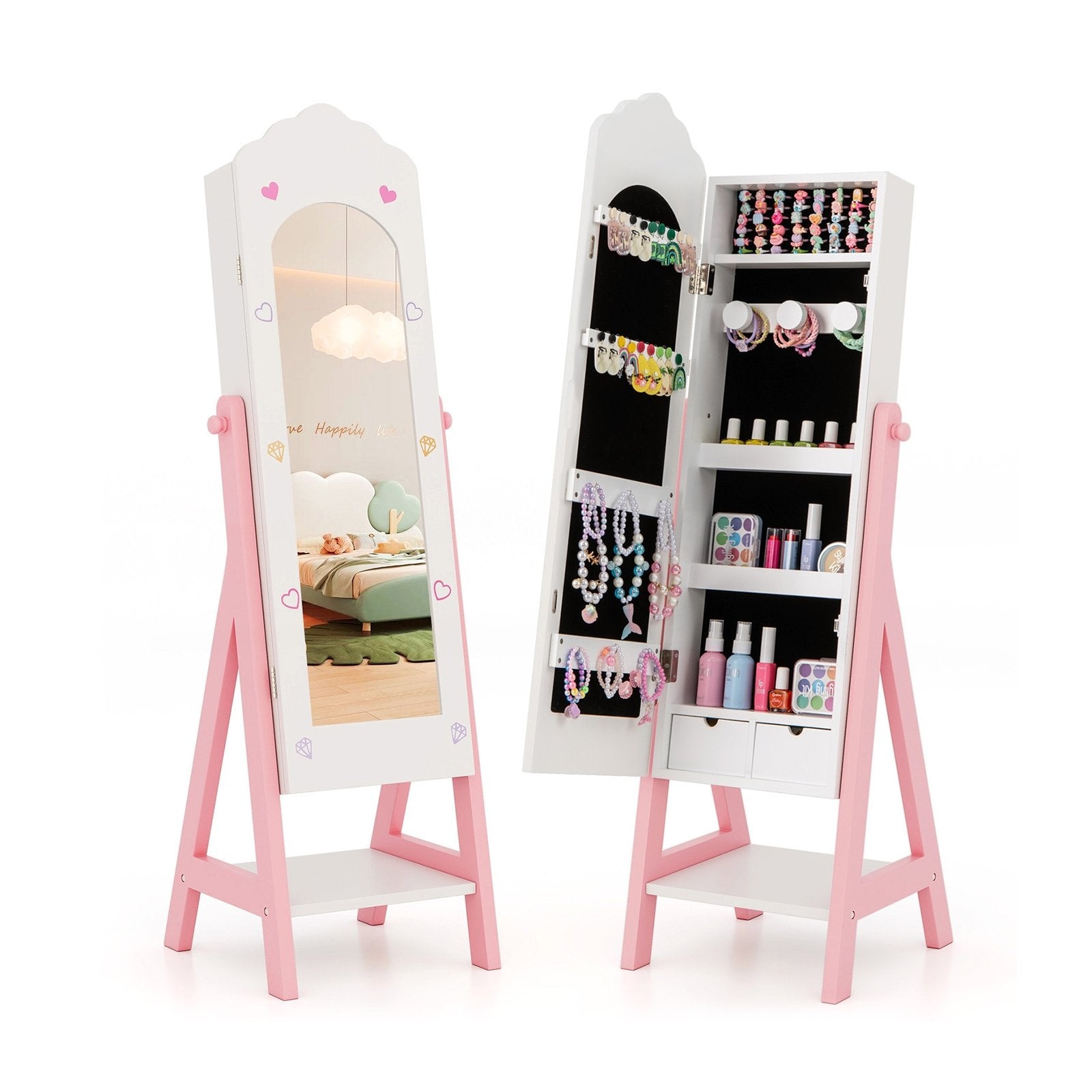 Kids Jewelry Organizer with Full Length Mirror Drawers and Storage Shelves-Pink