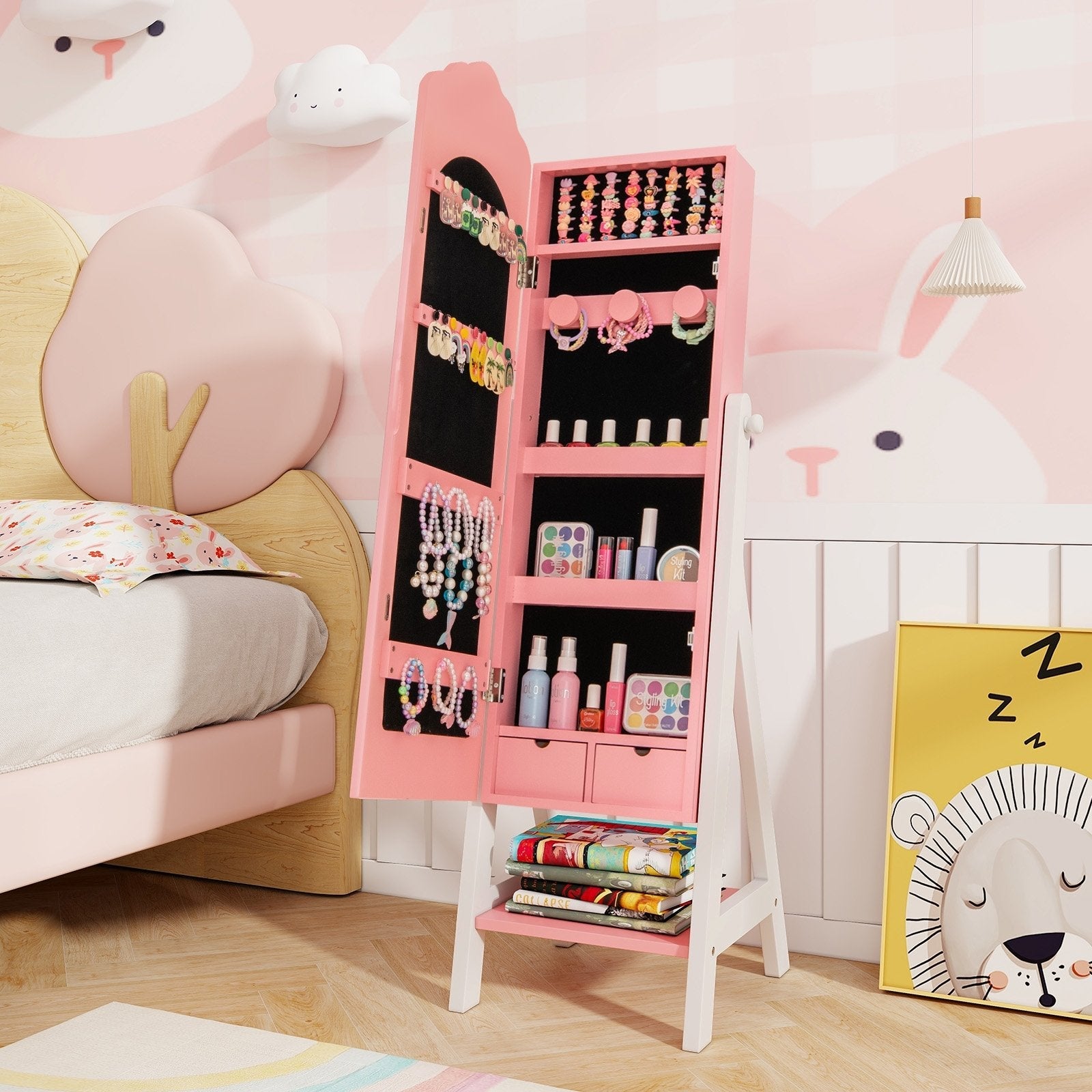 Kids Jewelry Organizer with Full Length Mirror Drawers and Storage Shelves-Pink