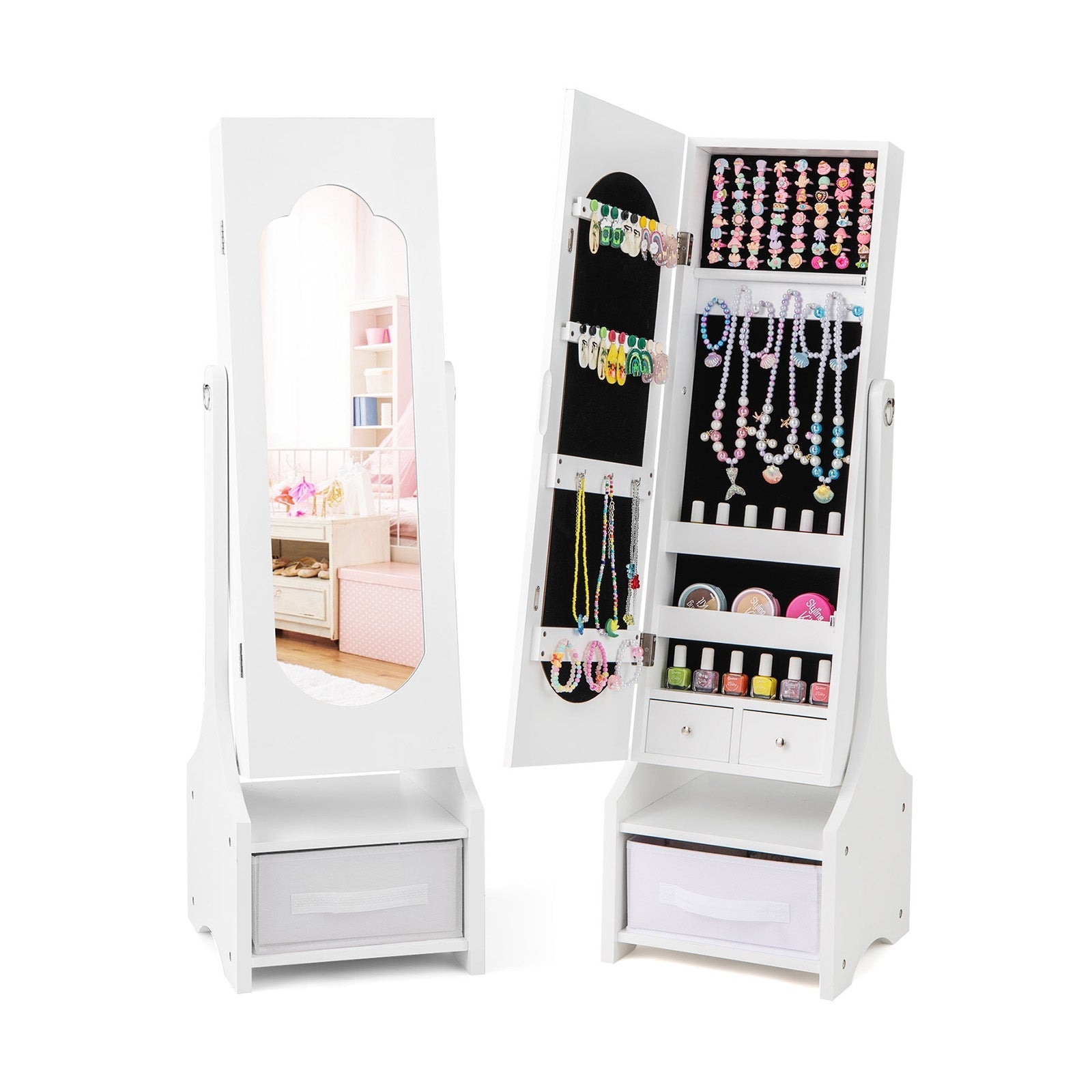 Freestanding Kids Jewelry Armoire Cabinet with Storage and 2 Tilt Angles-Pink