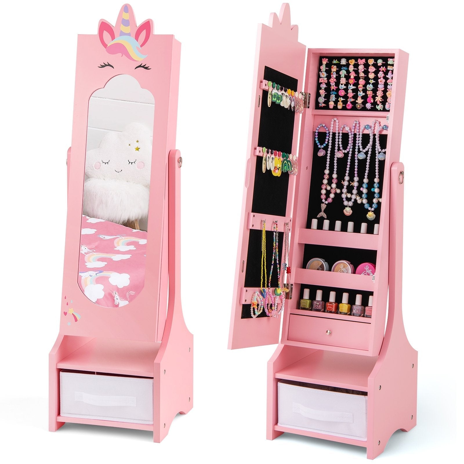Kids Jewelry Cabinet with Full-Length Mirror for Kids Bedroom and Playroom-Pink