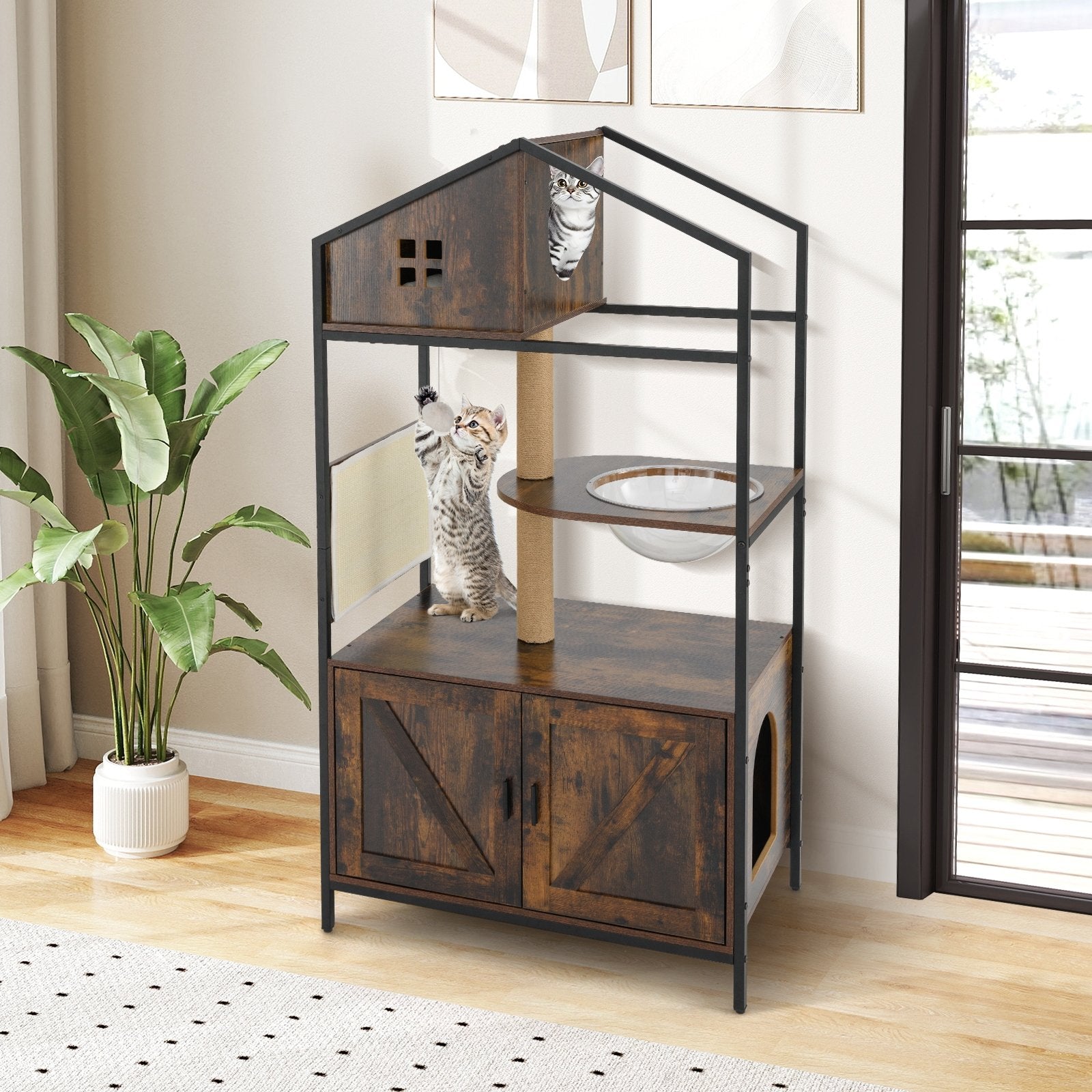Cat Tree with Litter Box Enclosure Industrial Cat Tower Multi-level Cat Condo Furniture for Indoor Cats-Rustic Brown