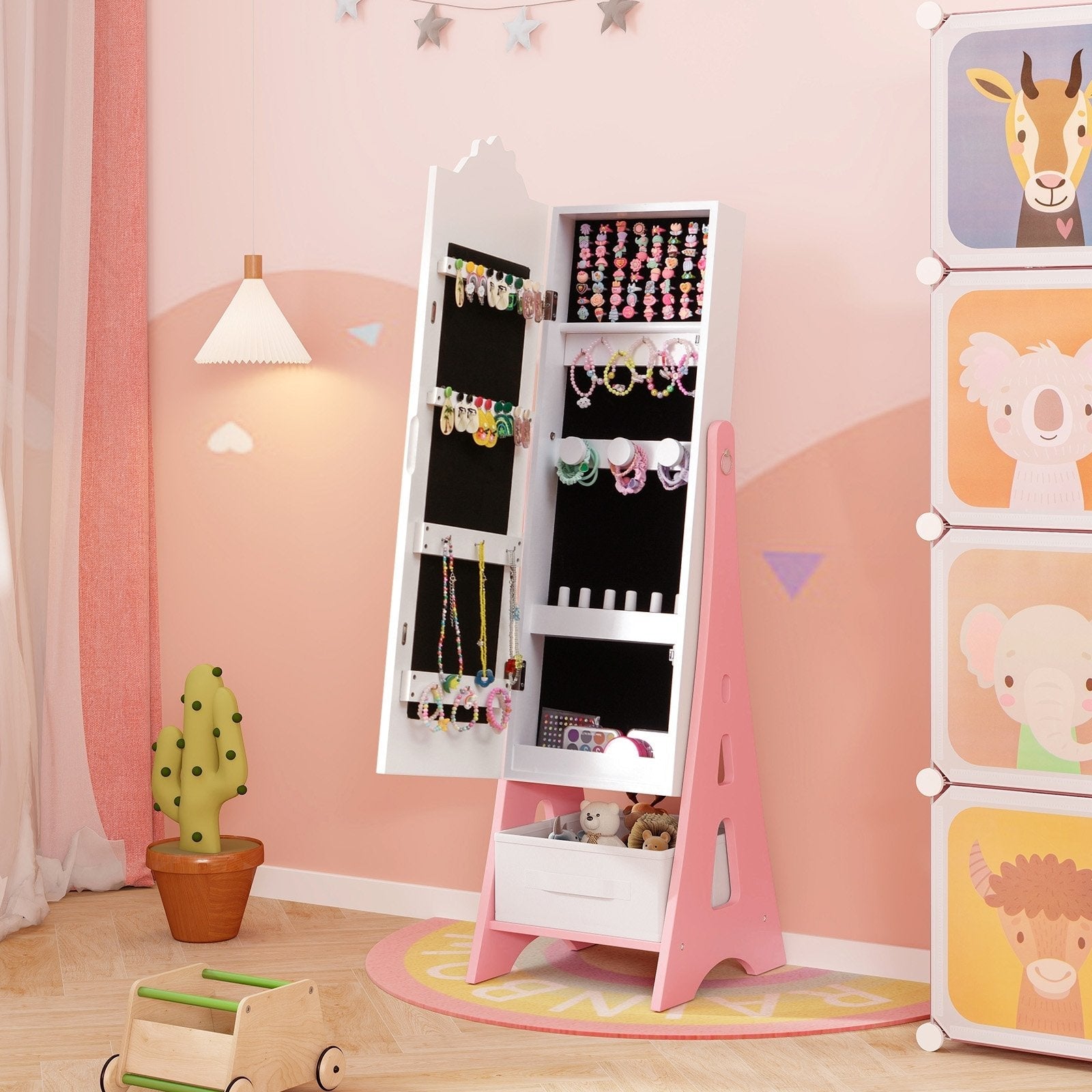Kids Jewelry Cabinet with Full-Length Mirror and Foldable Drawer-Pink