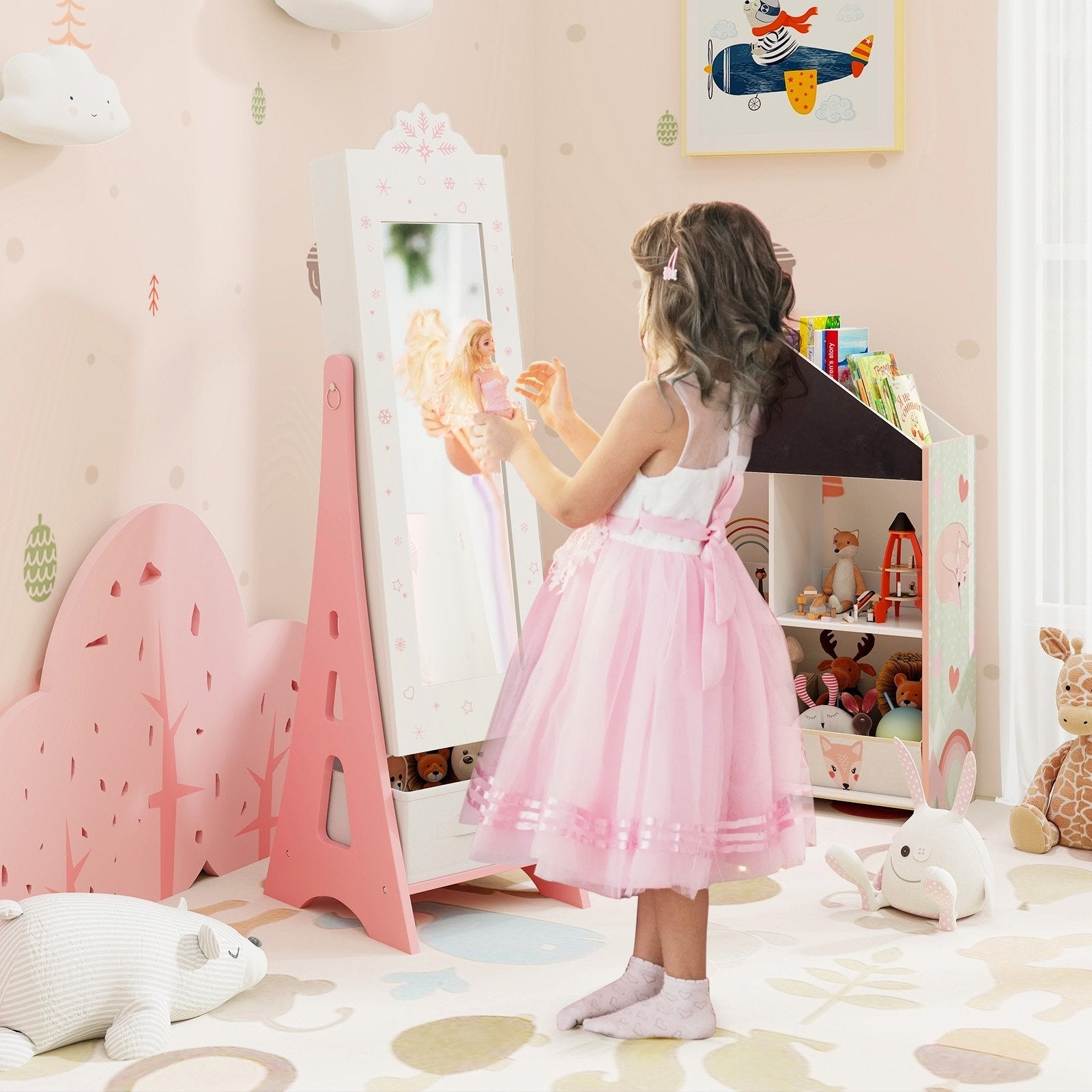 Kids Jewelry Cabinet with Full-Length Mirror and Foldable Drawer-Pink