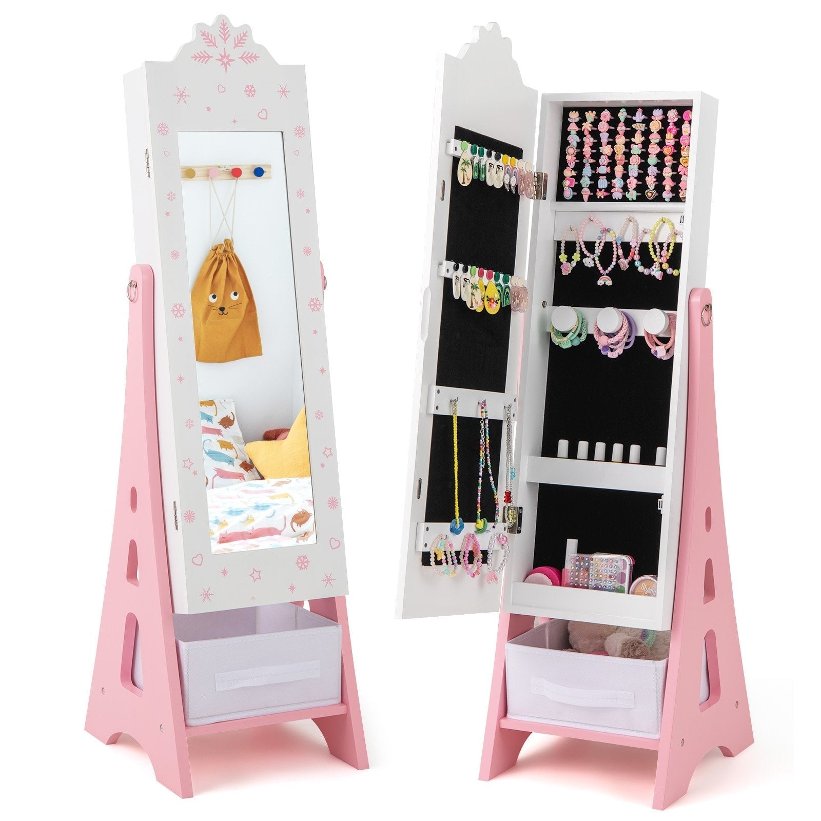 Kids Jewelry Cabinet with Full-Length Mirror and Foldable Drawer-Pink