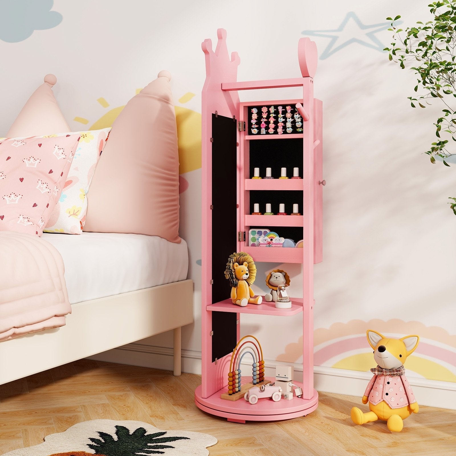 Free-Standing Full Length Mirror Kids Jewelry Armoire Cabinet-Pink