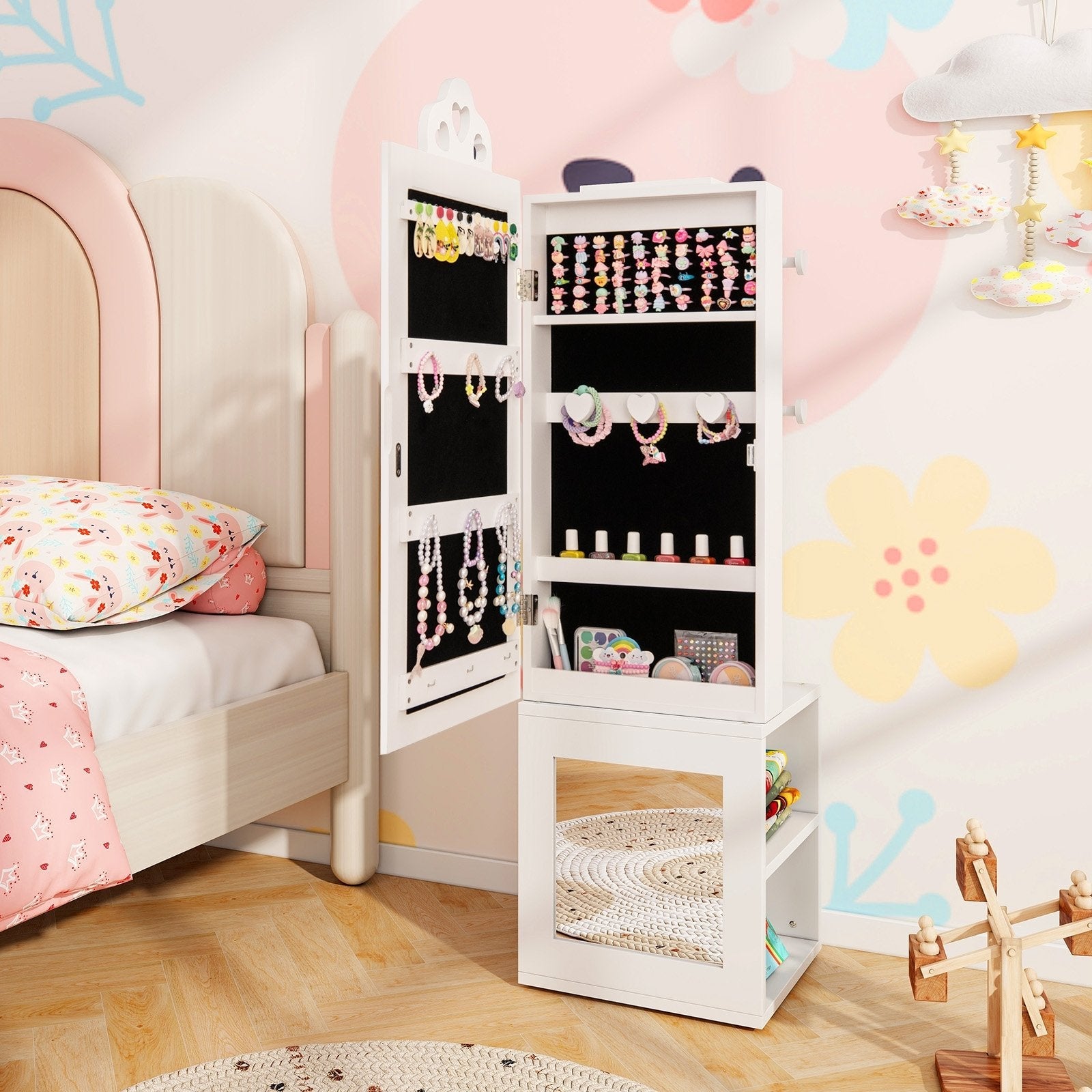 3-in-1 Freestanding Kids Jewelry Cabinet Armoire with Full Length Mirror-Pink