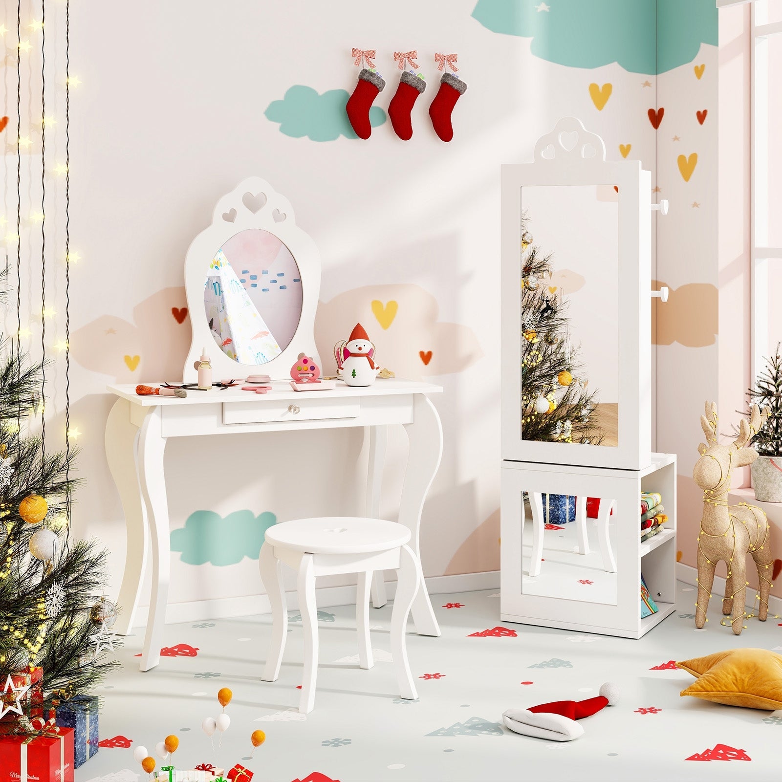 3-in-1 Freestanding Kids Jewelry Cabinet Armoire with Full Length Mirror-Pink