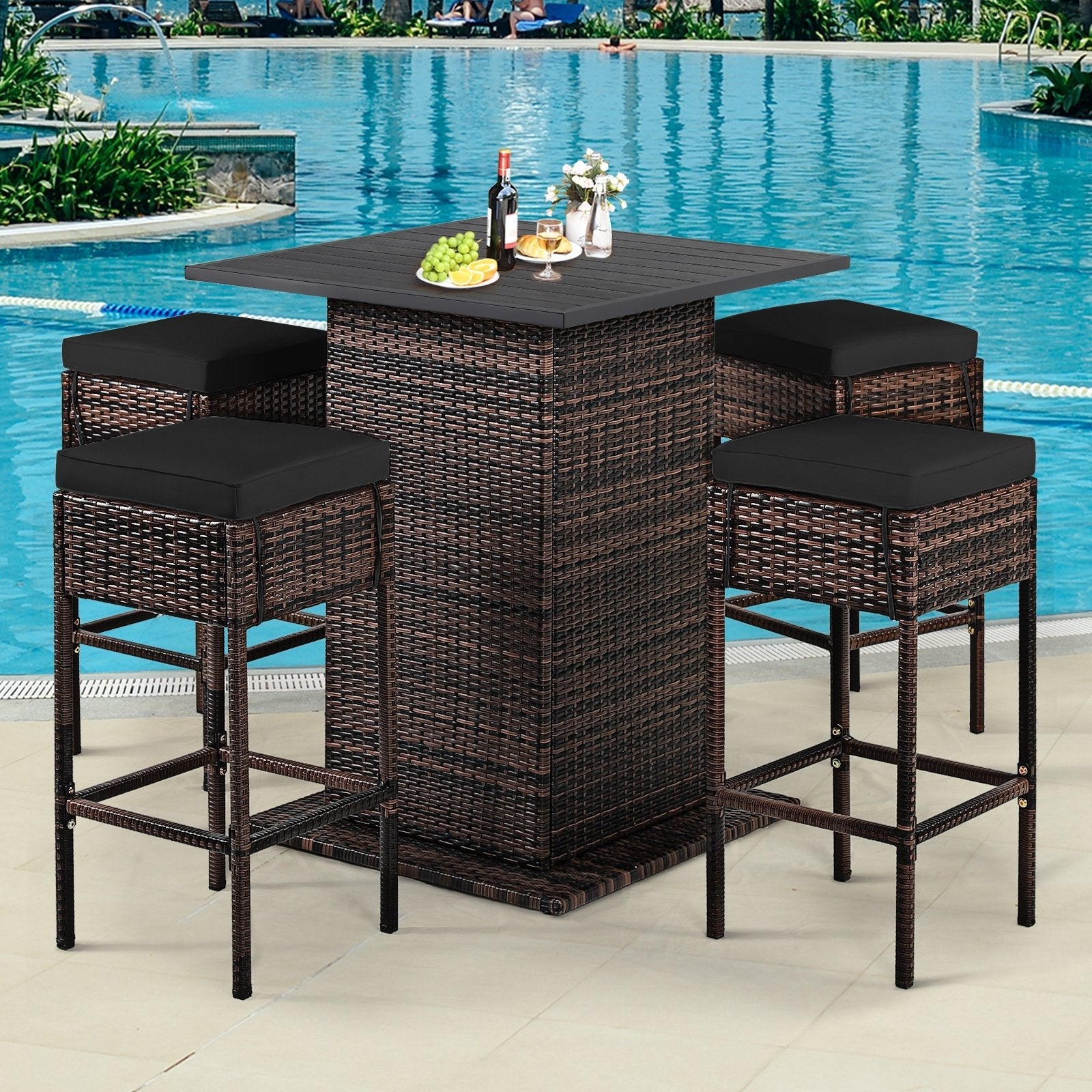 5 Pieces Patio Rattan Bar Furniture Set with Cushions and Hidden Storage Shelf-Black
