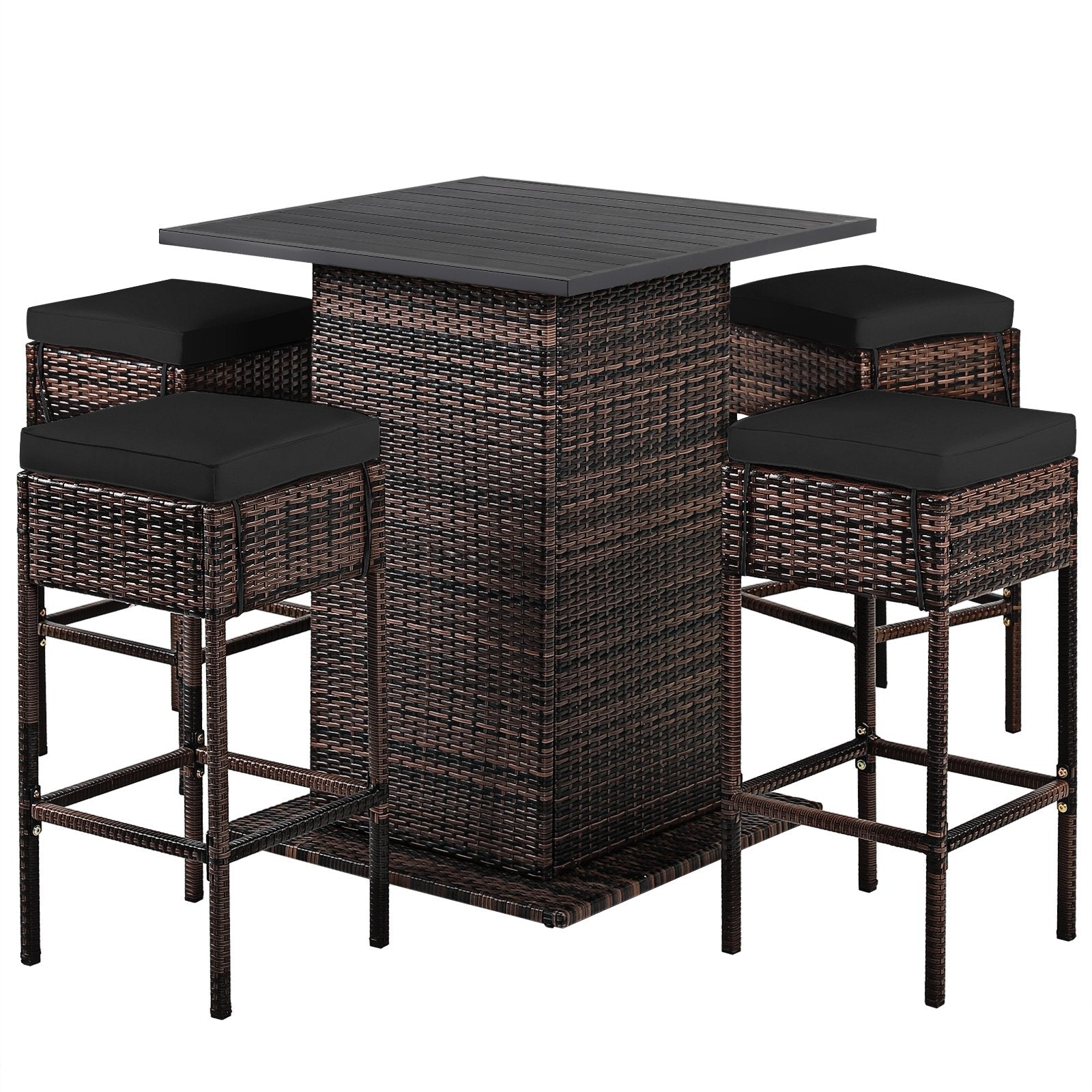 5 Pieces Patio Rattan Bar Furniture Set with Cushions and Hidden Storage Shelf-Black