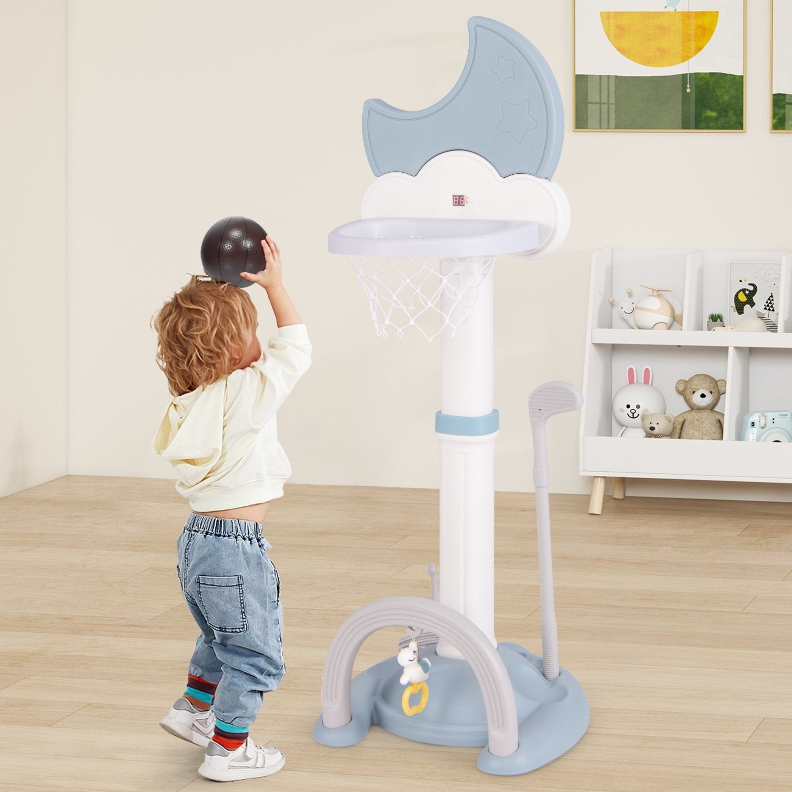 4-In-1 Kids Basketball Hoop with Moon-shaped Electronic Scoreboard and Play Set-Blue