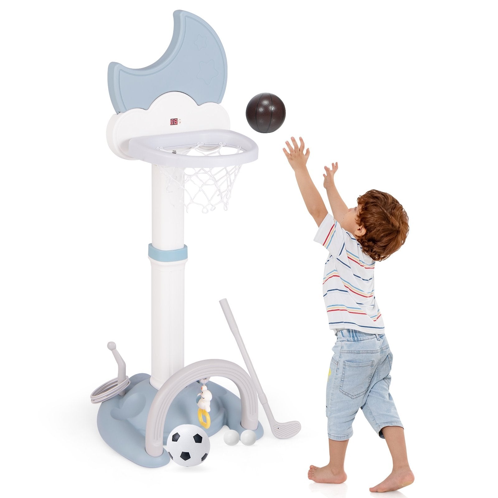 4-In-1 Kids Basketball Hoop with Moon-shaped Electronic Scoreboard and Play Set-Blue
