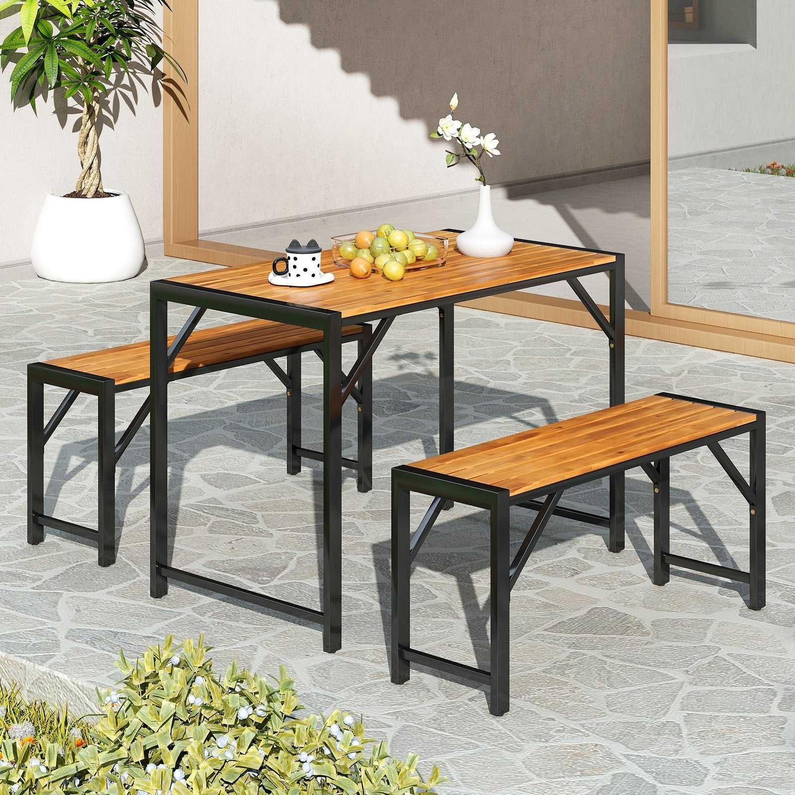 3 Pieces Patio Dining Set with Picnic Table and 2 Benches for 4 People