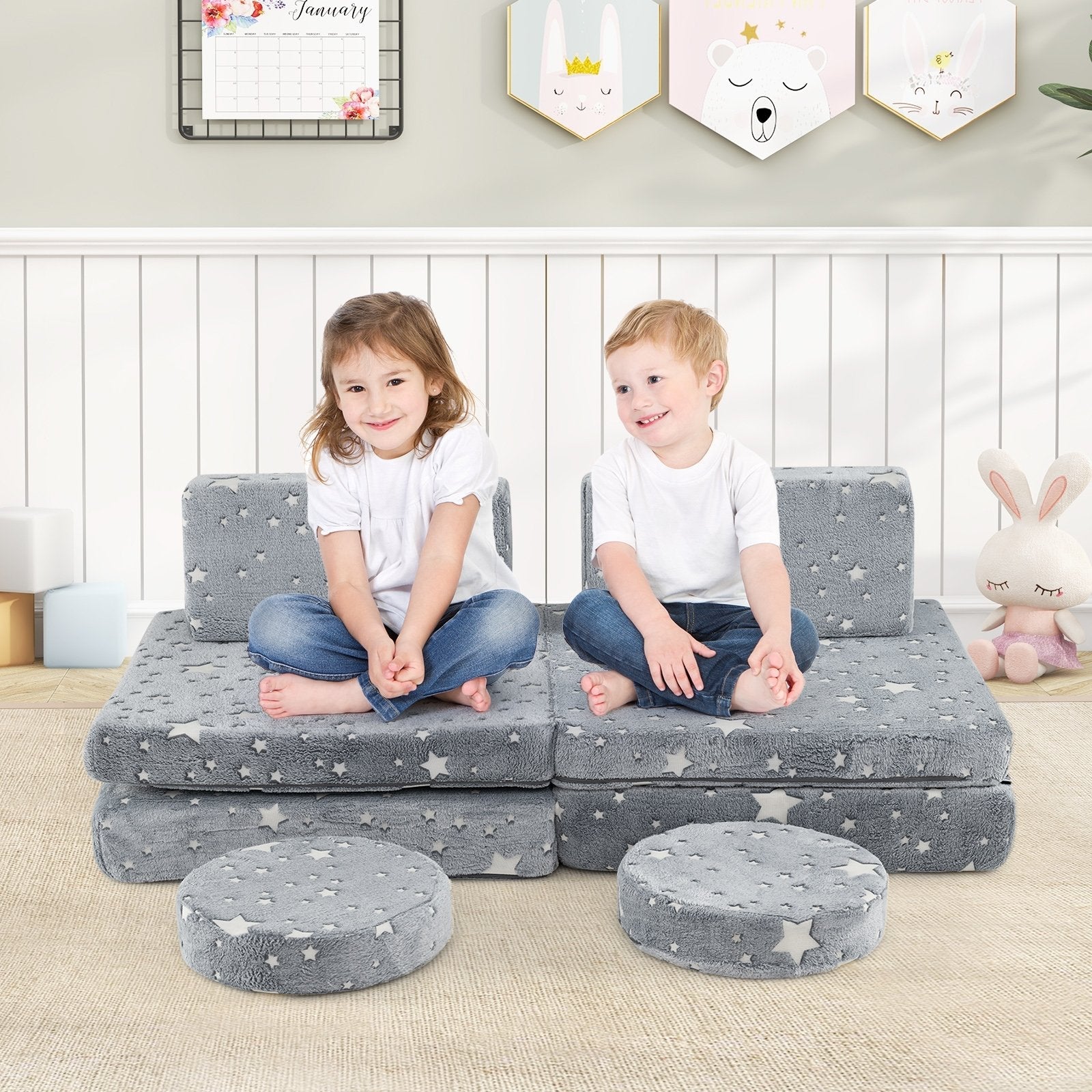 Modular Kids Play Couch Set Glow in the Dark with Portable Handles-Color