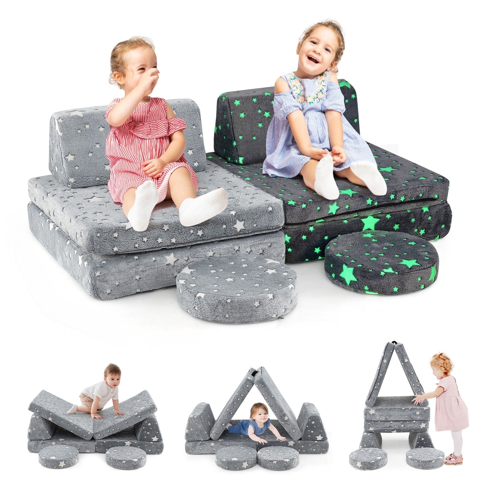 Modular Kids Play Couch Set Glow in the Dark with Portable Handles-Color