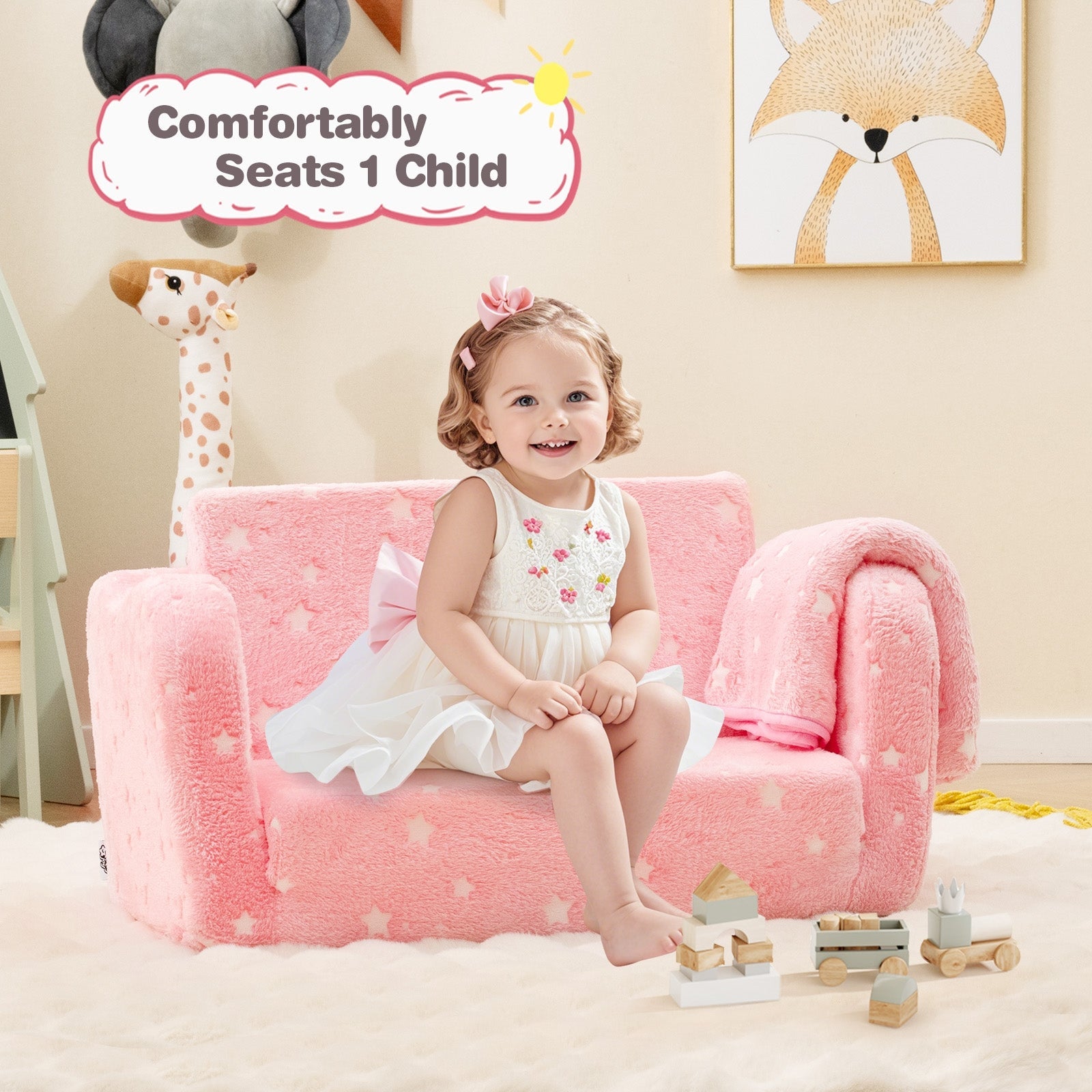 2-in-1 Folding Kids Couch with Blanket Glow in the Dark-Gray
