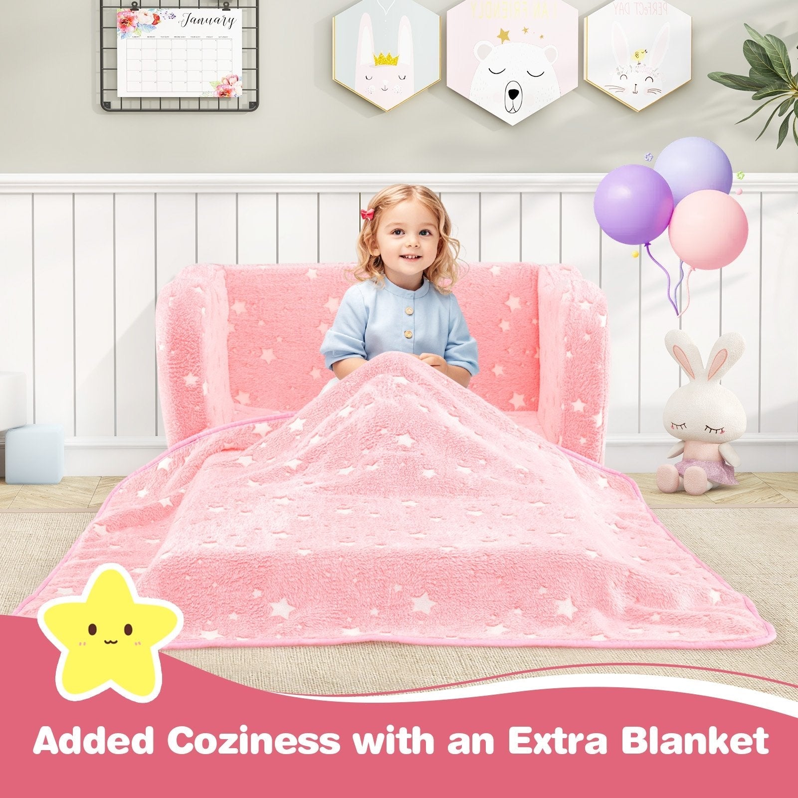 2-in-1 Folding Kids Couch with Blanket Glow in the Dark-Gray