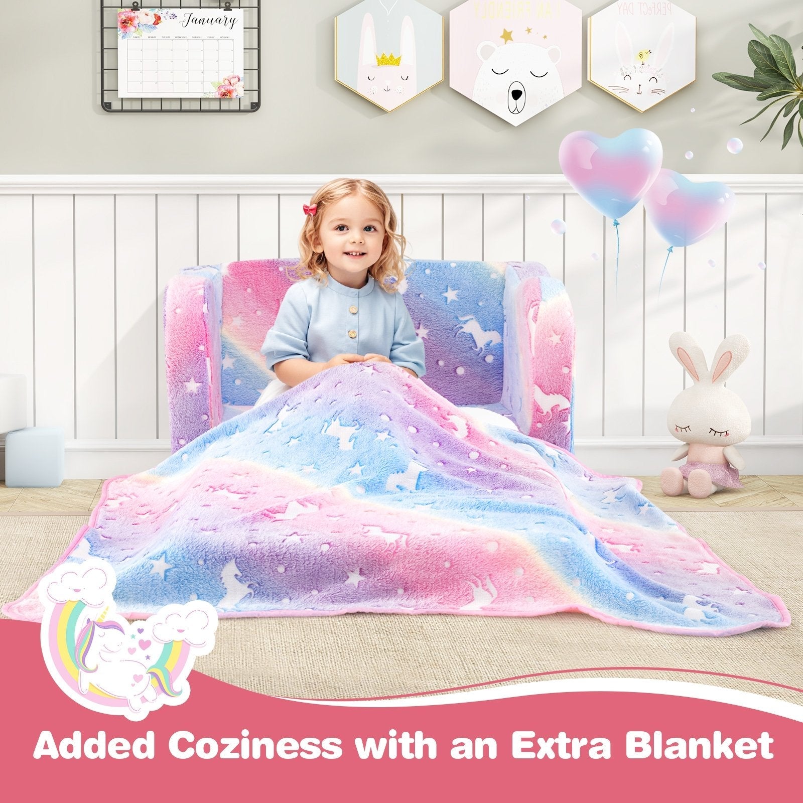 2-in-1 Folding Kids Couch with Blanket Glow in the Dark-Gray