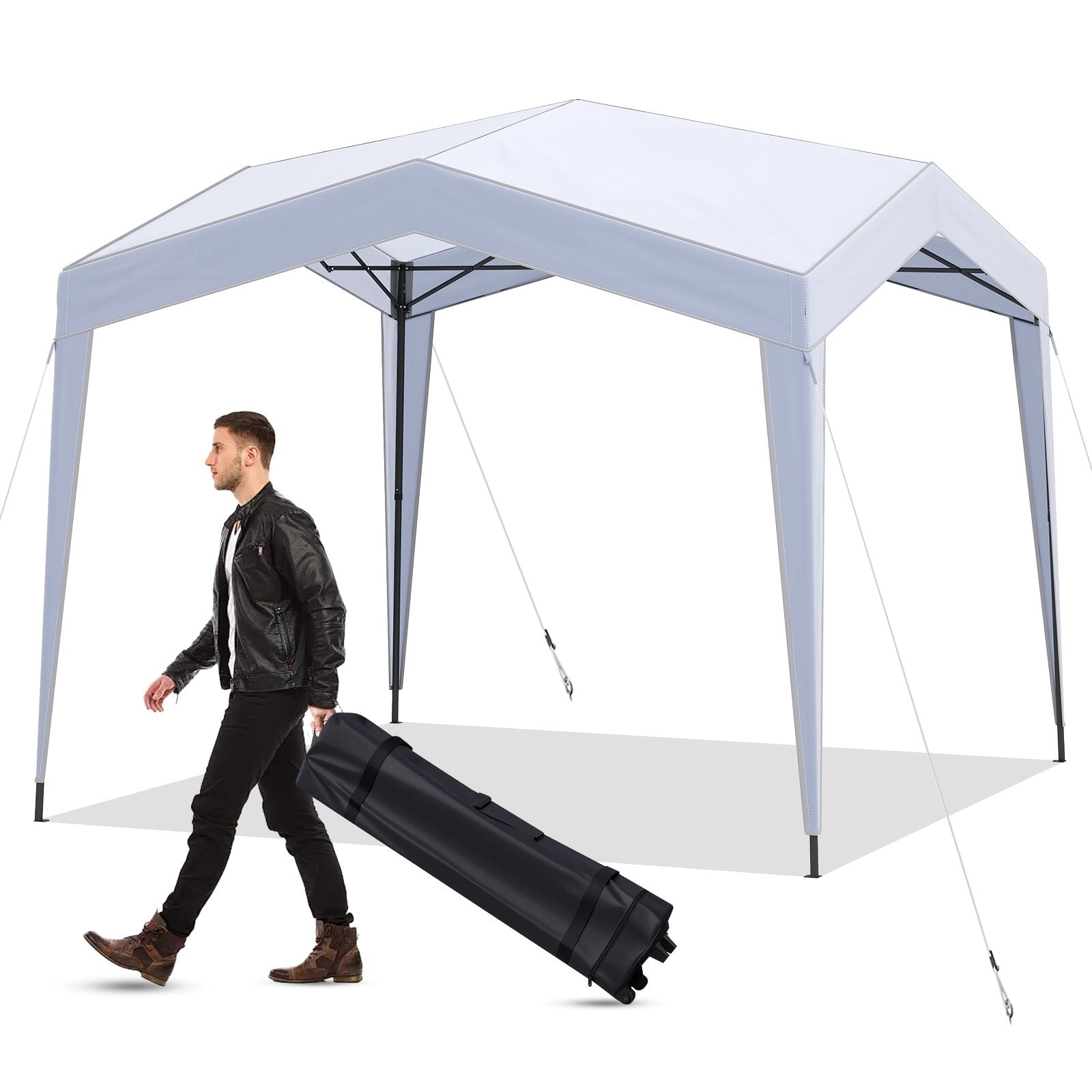 Pop up Canopy Tent with Portable Wheeled Bag 8 Stakes 4 Wind Ropes-White