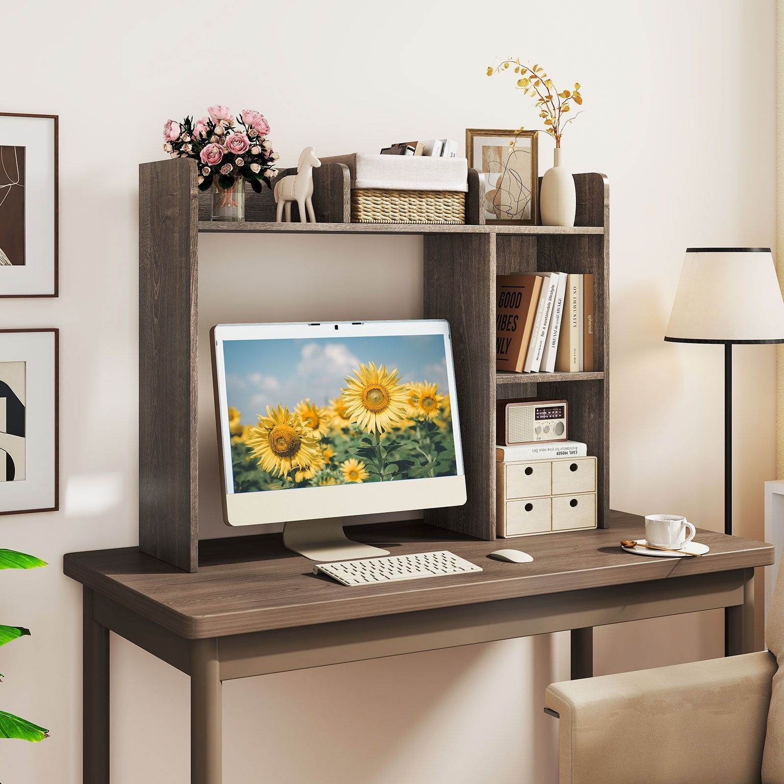 3-Tier Multipurpose Desk Bookshelf with 4 Shelves-Beige