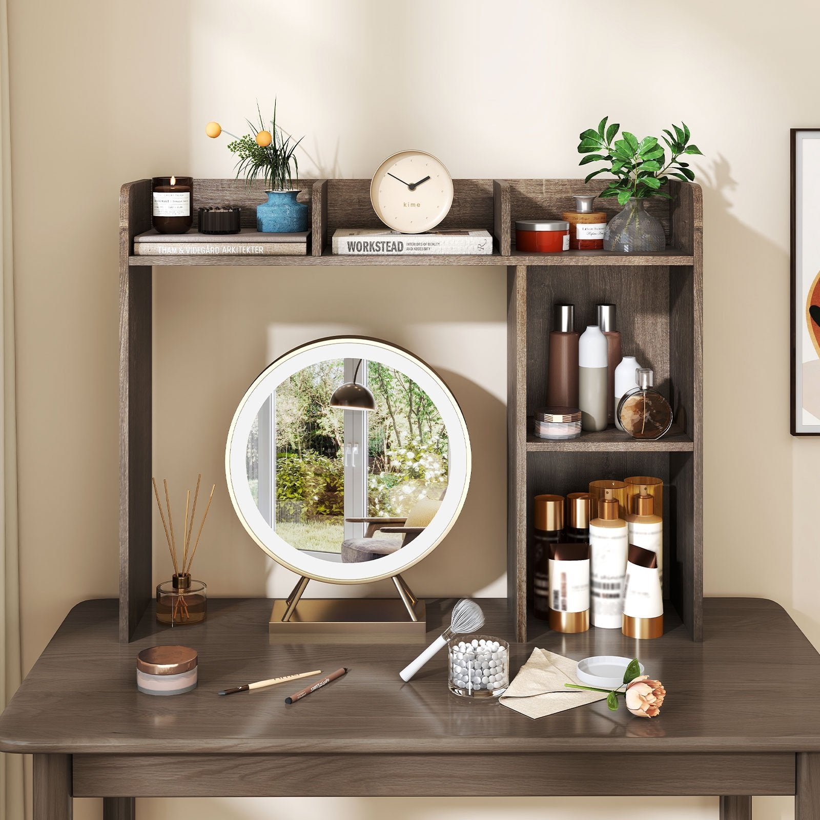 3-Tier Multipurpose Desk Bookshelf with 4 Shelves-Beige