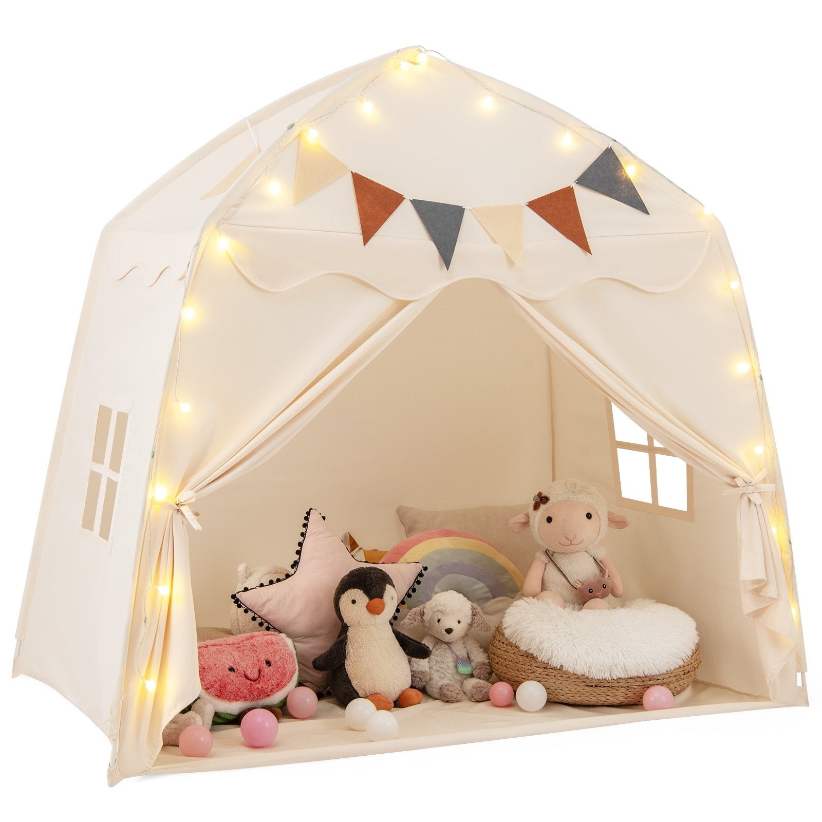Kids Play Tent Bed Tent with String Lights Extra Large Playhouse Tent-Beige
