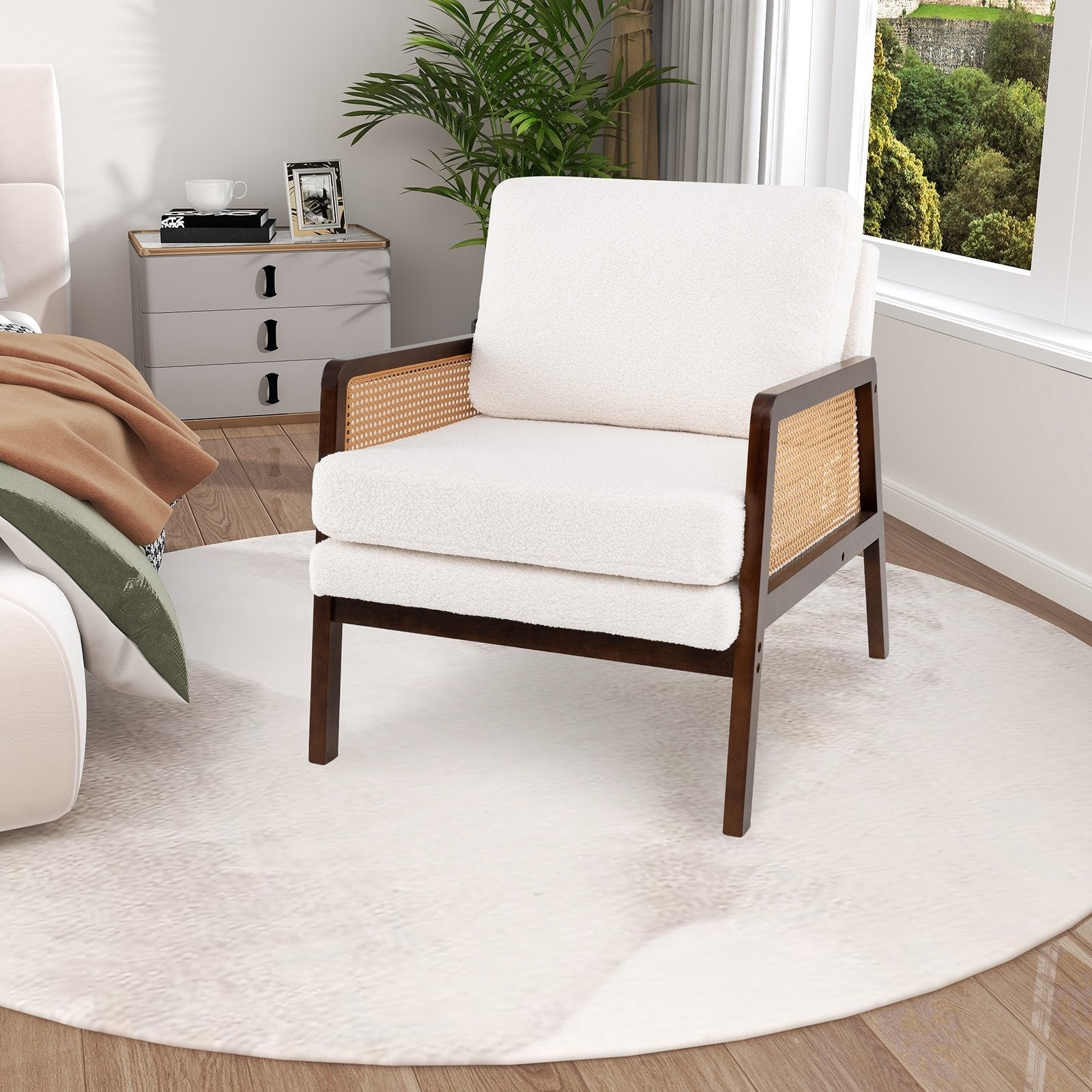 Mid Century Modern Accent Chair with Rattan Arms and Cushion-Brown