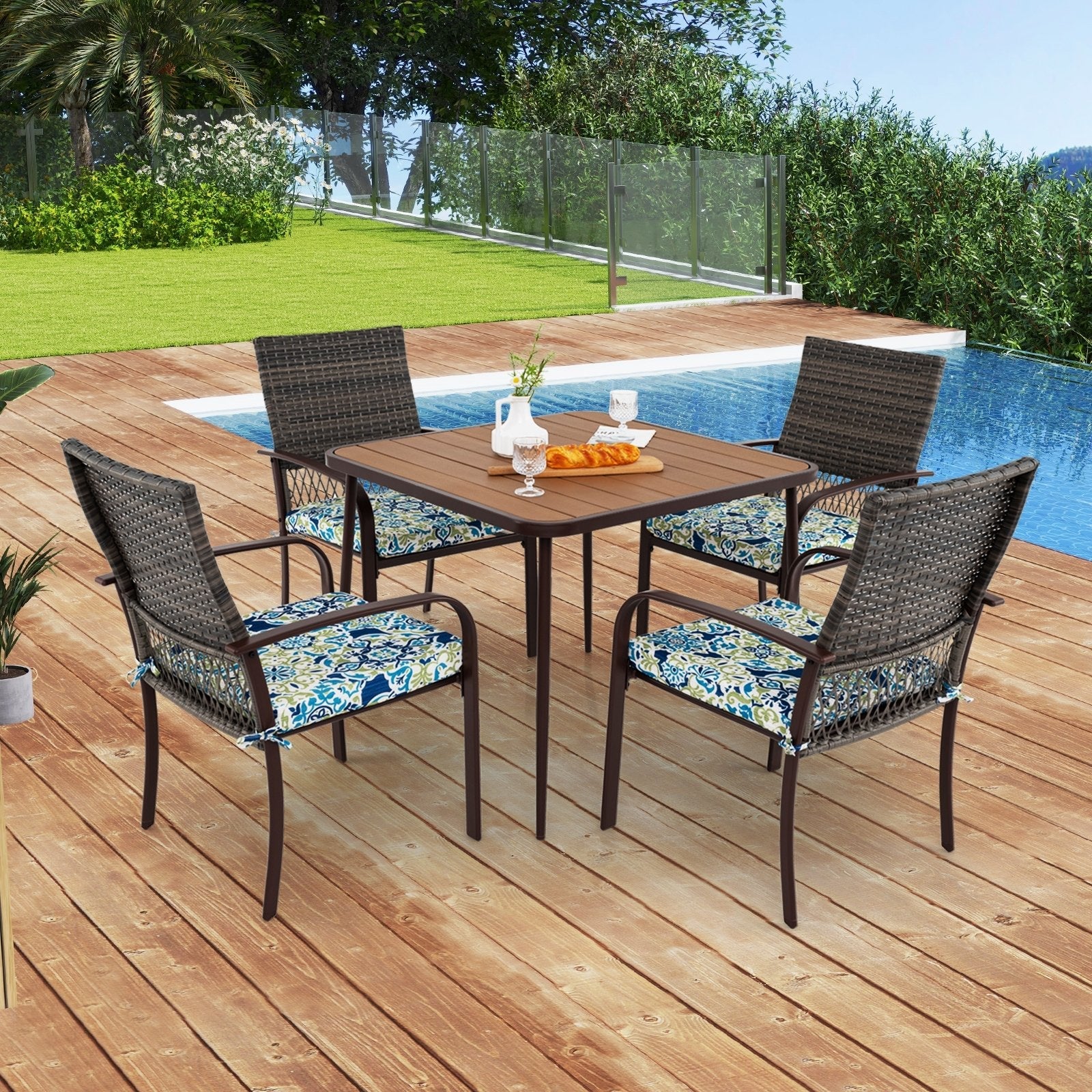 5 Pieces Patio Dining Set 4 Cushioned Rattan Armchairs and Square Table
