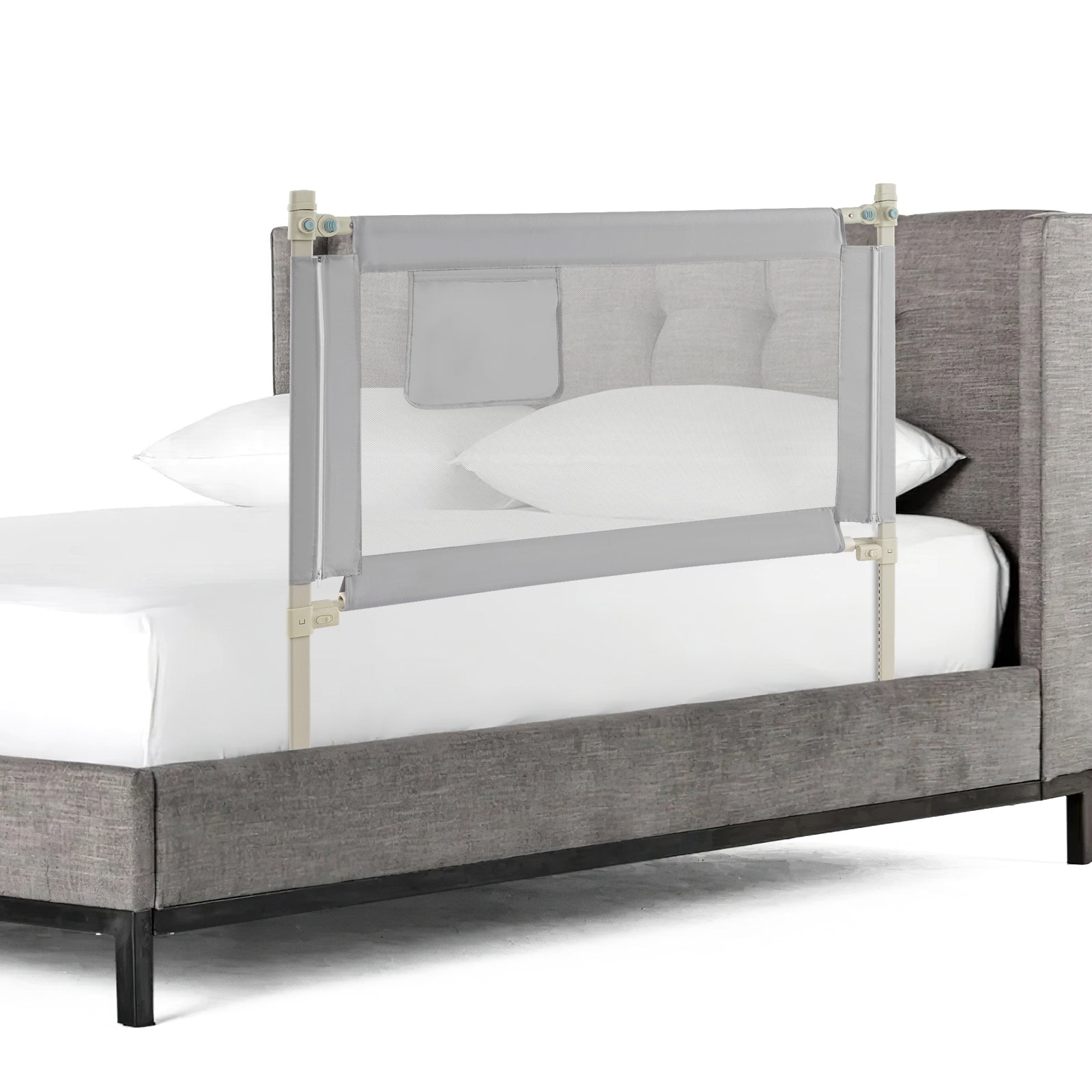 Toddler Bedrail with Side Pocket and 24 Adjustable Heights-Gray