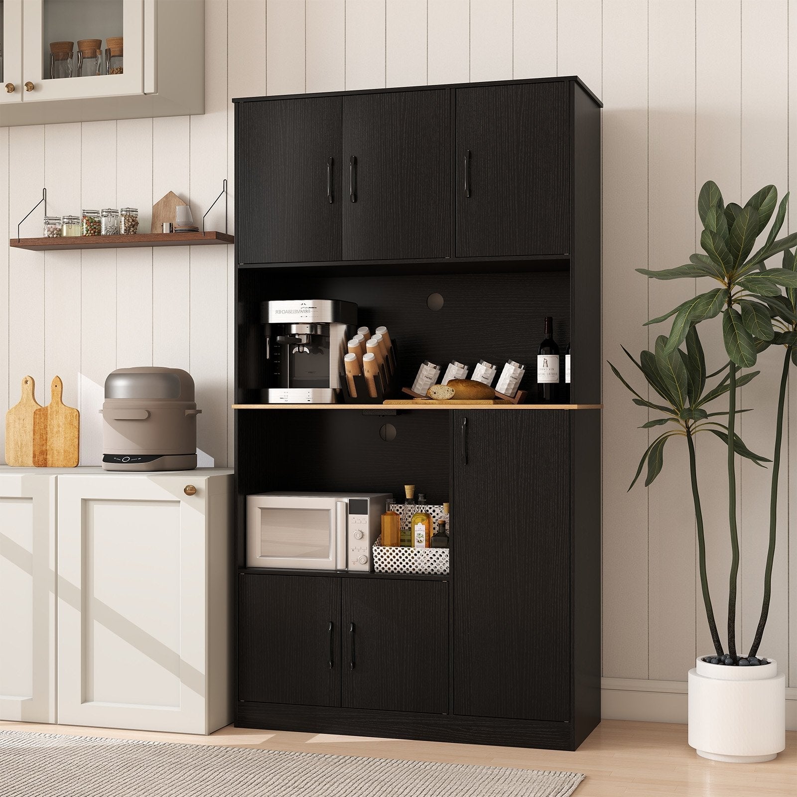 71" Tall Kitchen Pantry Cabinet with Charging Station Wooden Buffet Cupboard Sideboard-Black