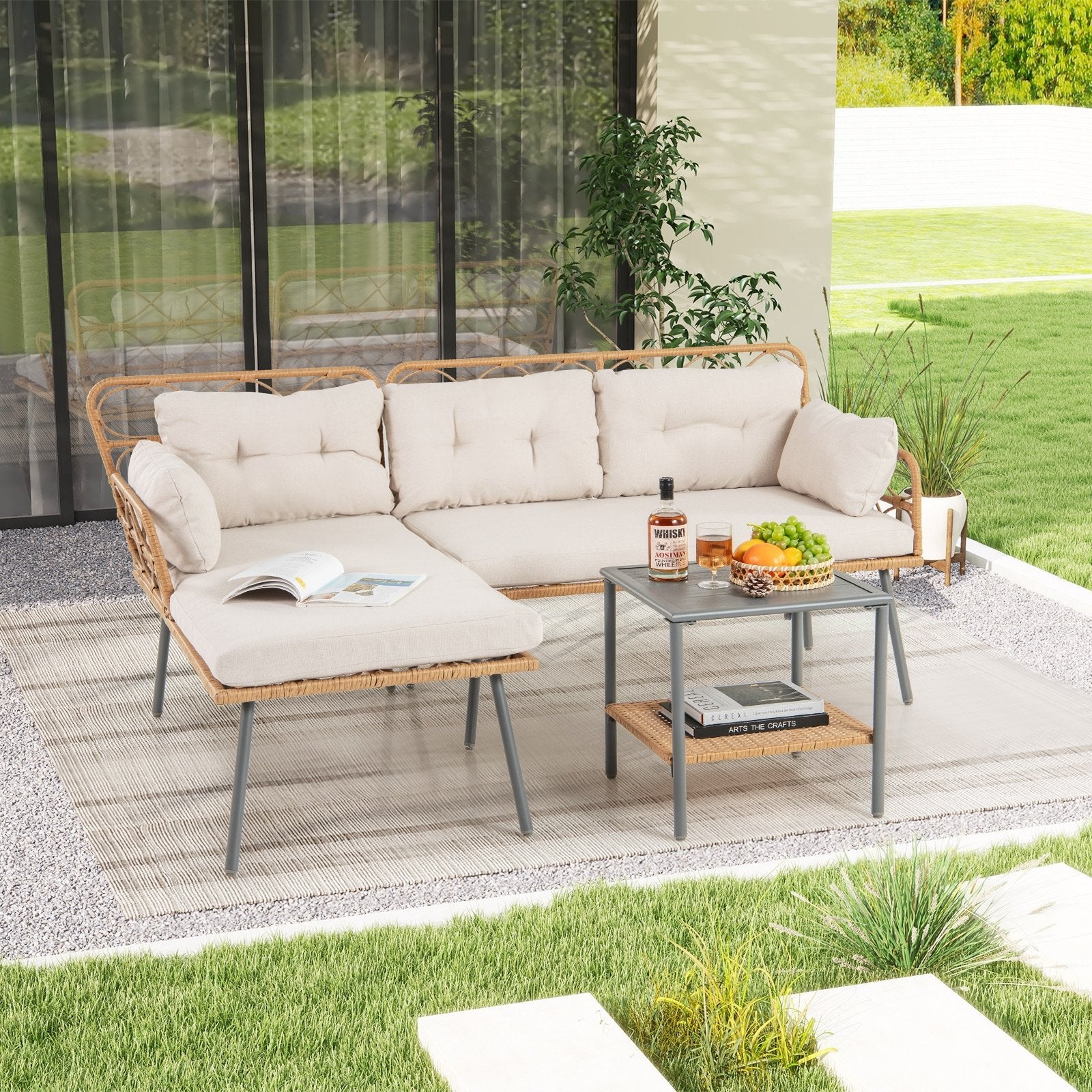 3 Pieces Corner Patio Furniture with Small Coffee Table-Beige