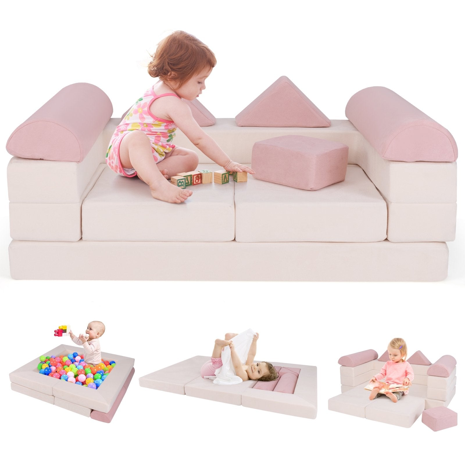 9-Piece Climb and Crawl Foam and Floor Playset with Breathable Suede Fabric-Beige