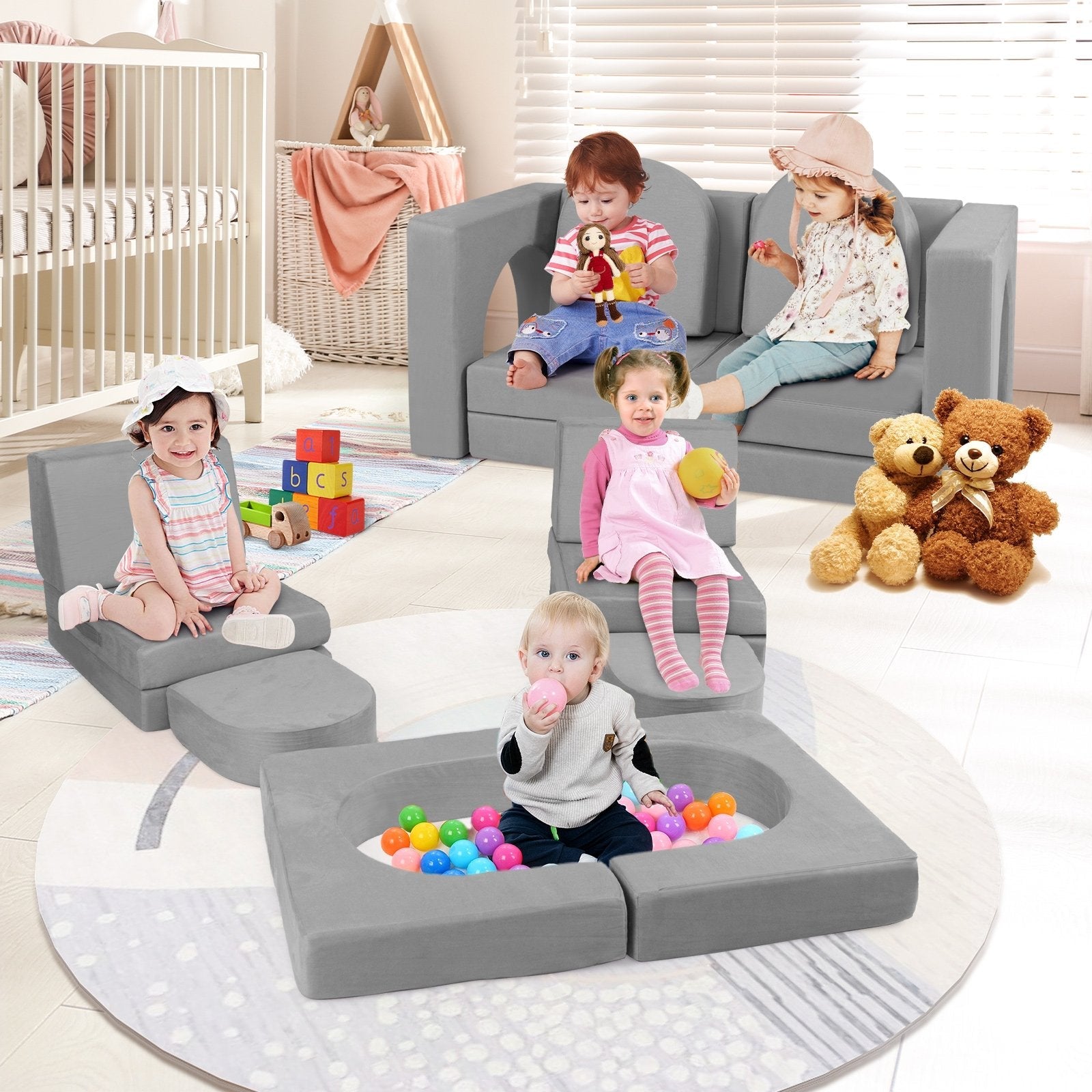 8-Piece Modular Kids Play Couch with Comfy Suede Fabric-Gray