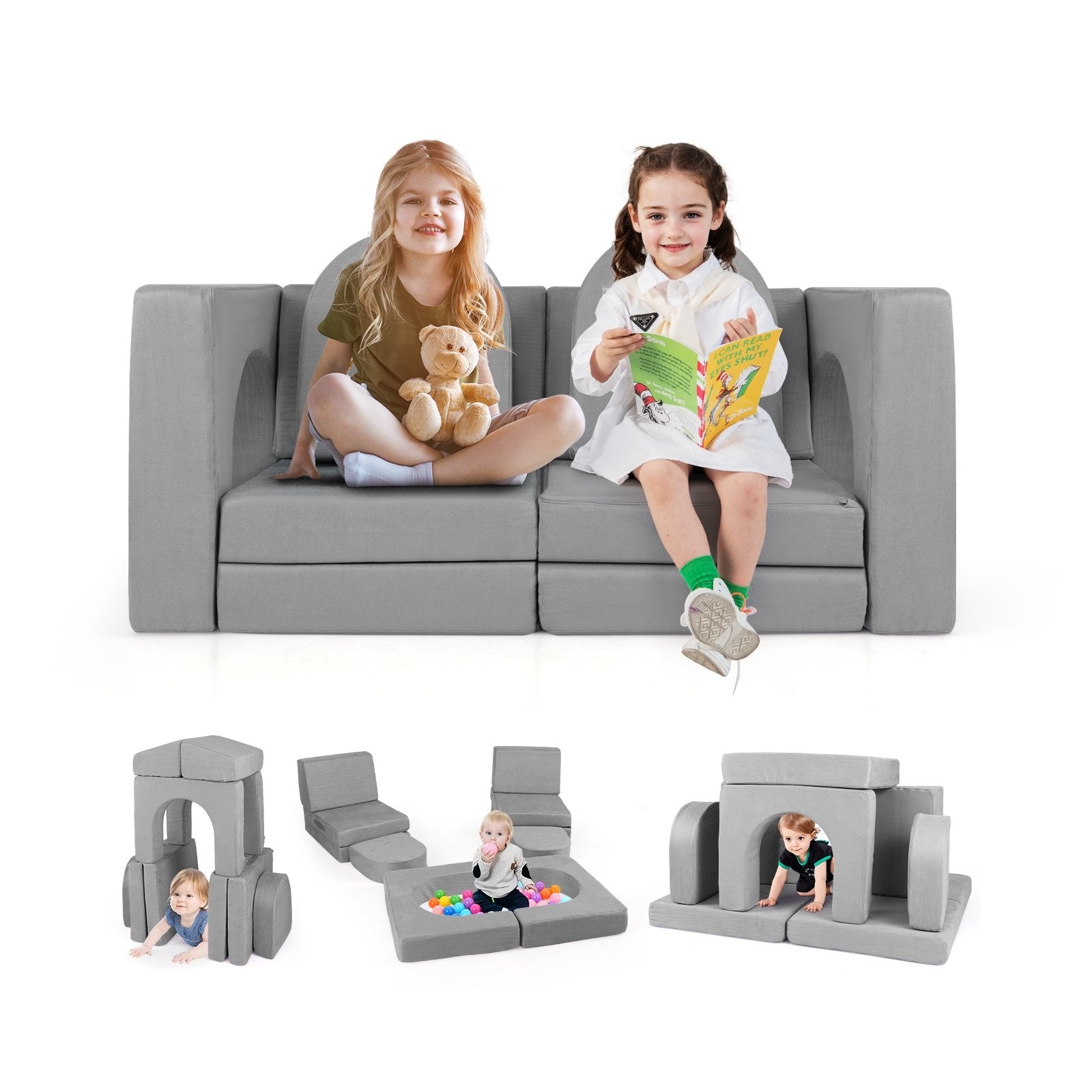 8-Piece Modular Kids Play Couch with Comfy Suede Fabric-Gray
