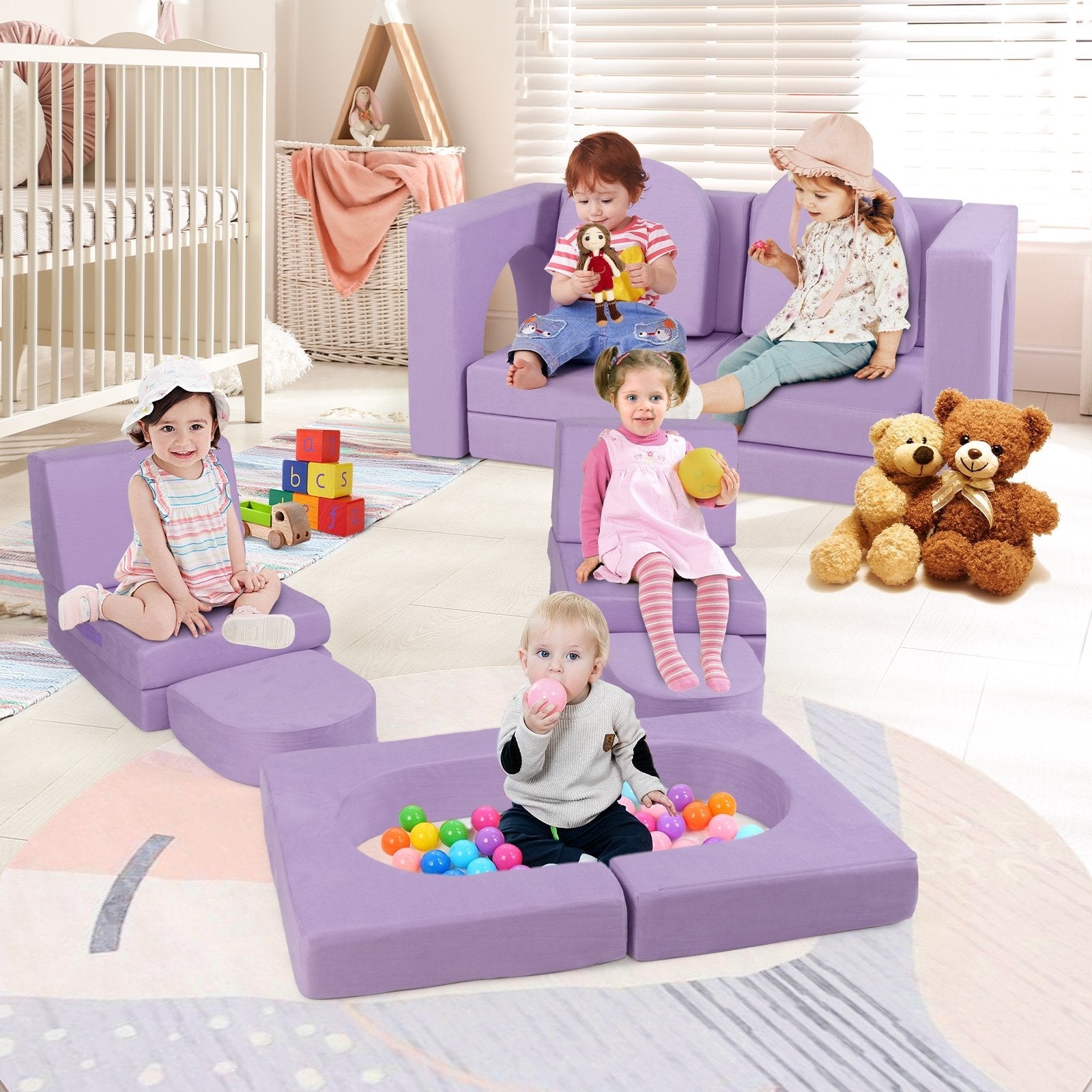 8-Piece Modular Kids Play Couch with Comfy Suede Fabric-Gray