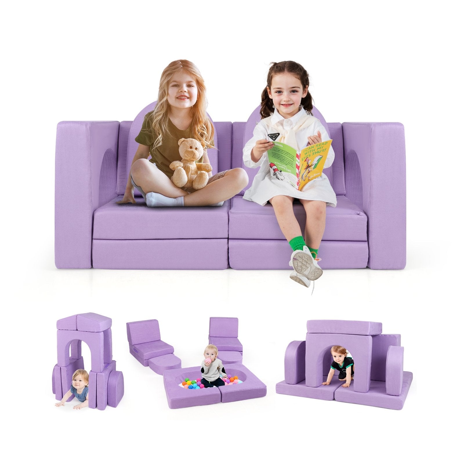 8-Piece Modular Kids Play Couch with Comfy Suede Fabric-Gray