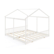 Double Floor Bed for Twins House Beds with Safety Guardrails for 2 Kids-White