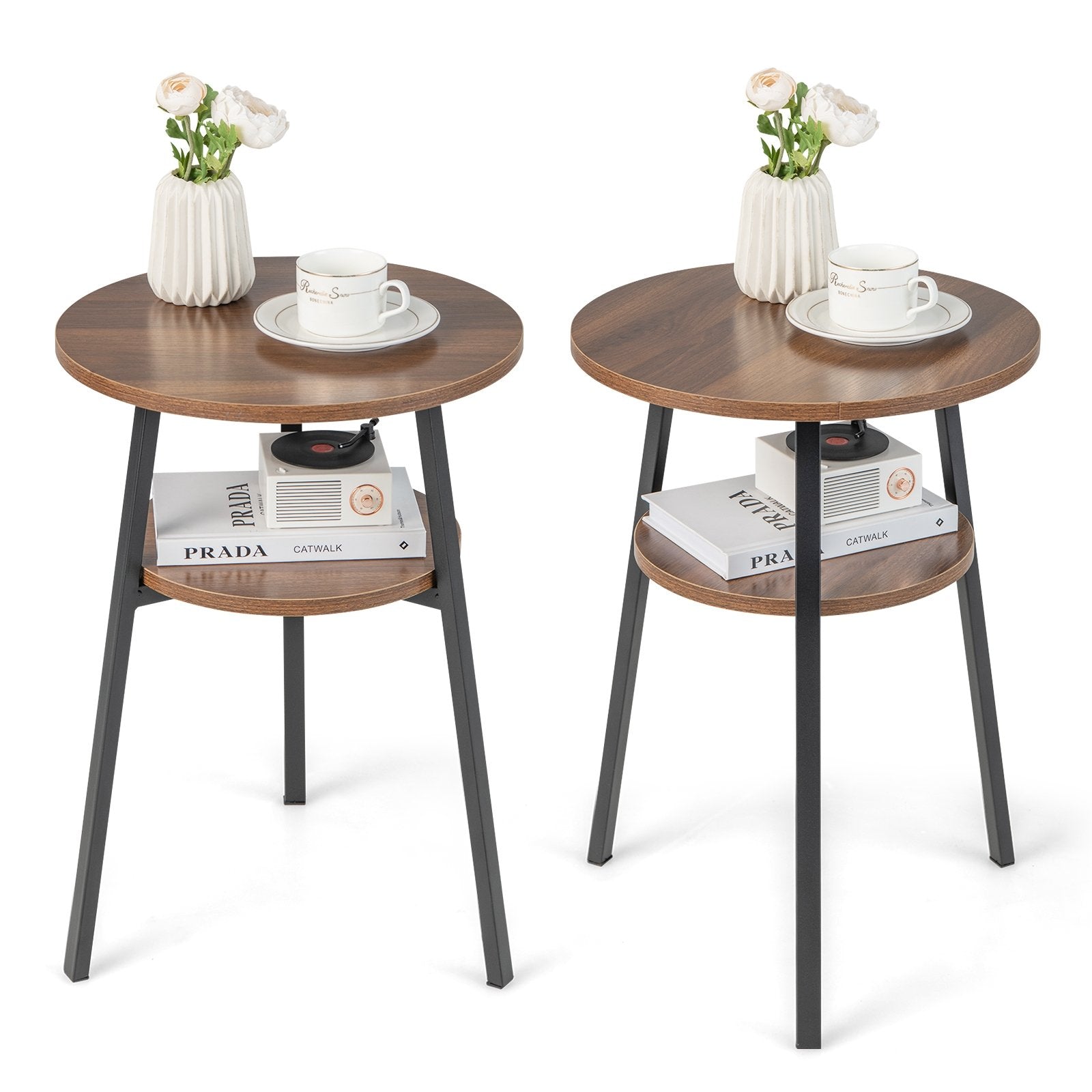 2-Tier Round End Table Set of 2 with Open Shelf and Triangular Metal Frame-Walnut
