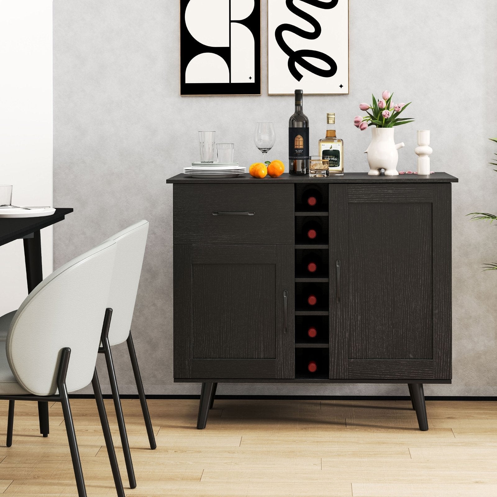 Modern Wine Bar Buffet Cabinet with 6-Bottle Wine Rack-Black