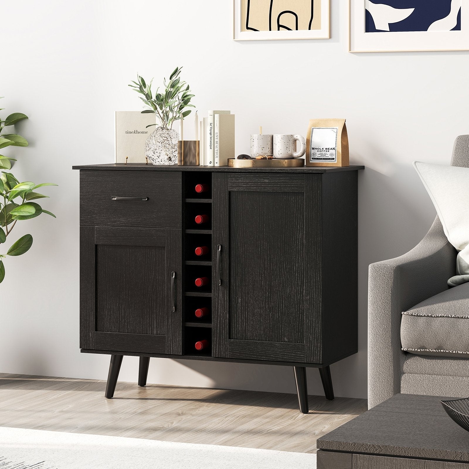 Modern Wine Bar Buffet Cabinet with 6-Bottle Wine Rack-Black